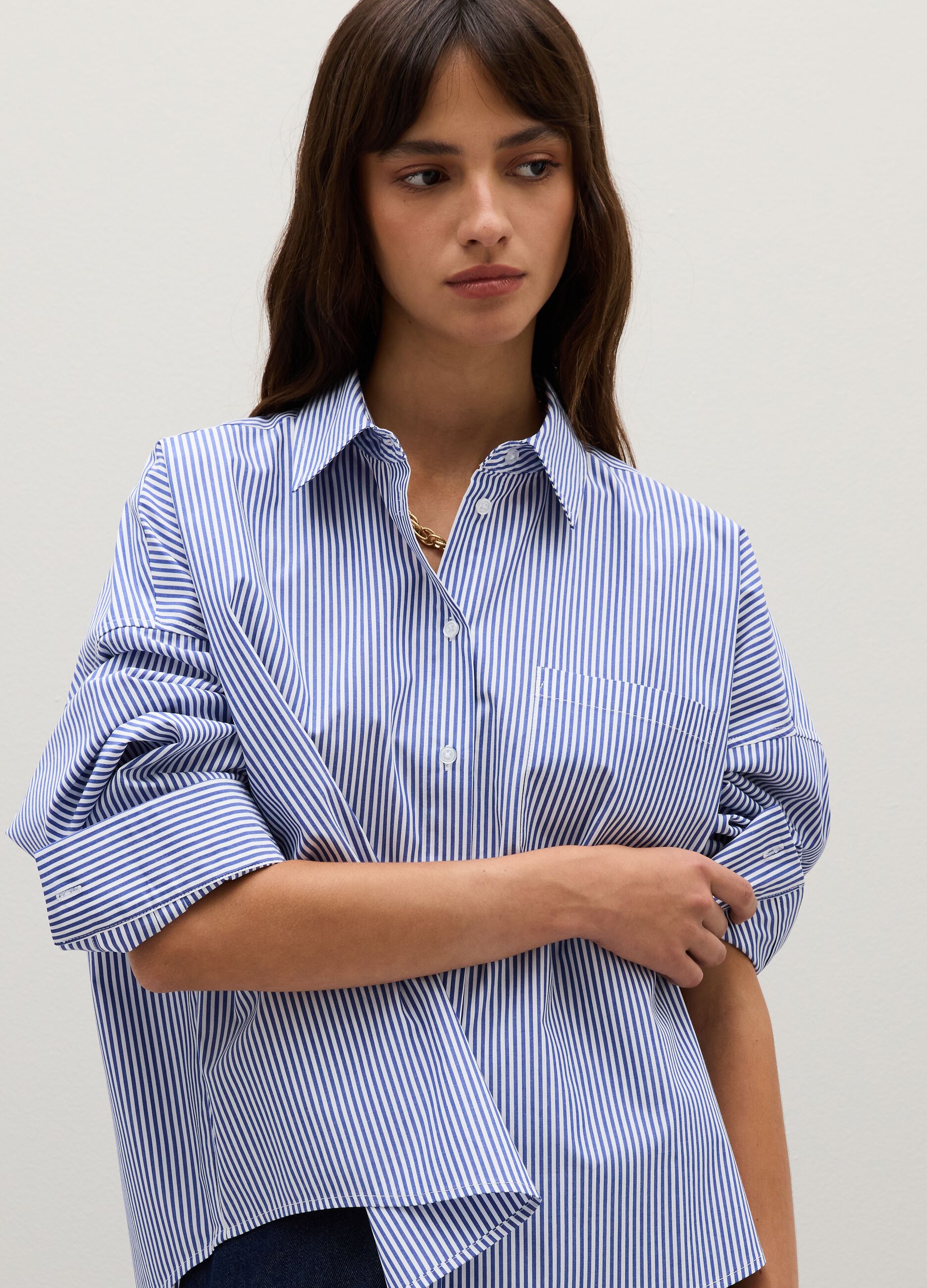 Oversized white and blue striped pure cotton shirt