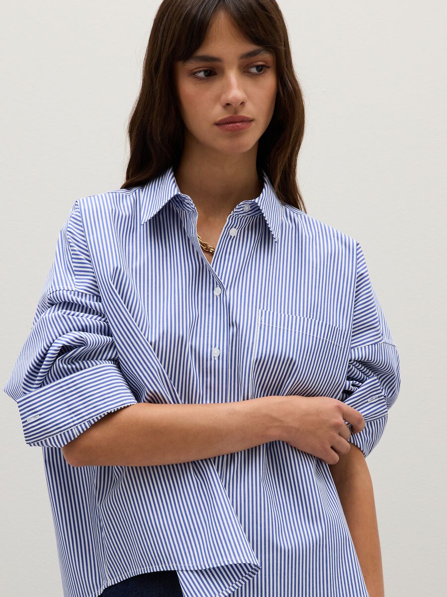 Oversized white and blue striped pure cotton shirt_0