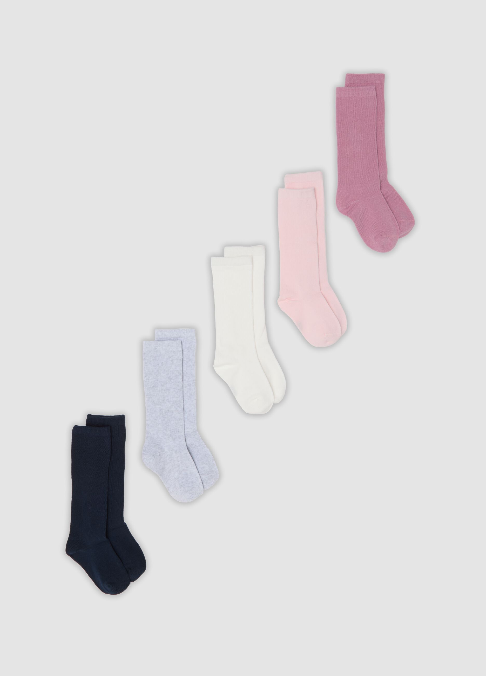 Pack of five long socks in pink, light pink, white, light grey marl and navy blue, in stretch organic cotton