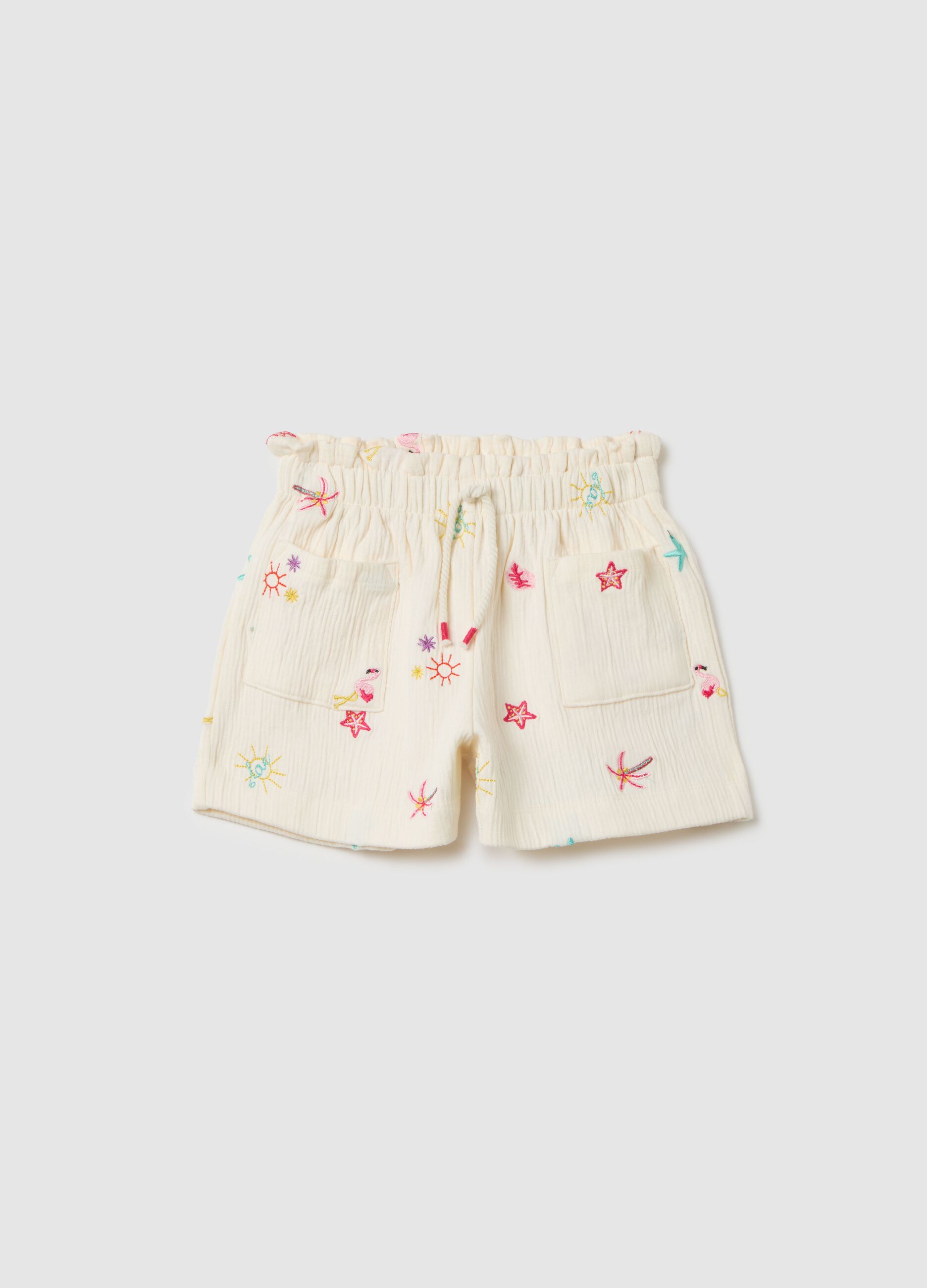 Girls' beige cotton shorts regular fit with embroidery
