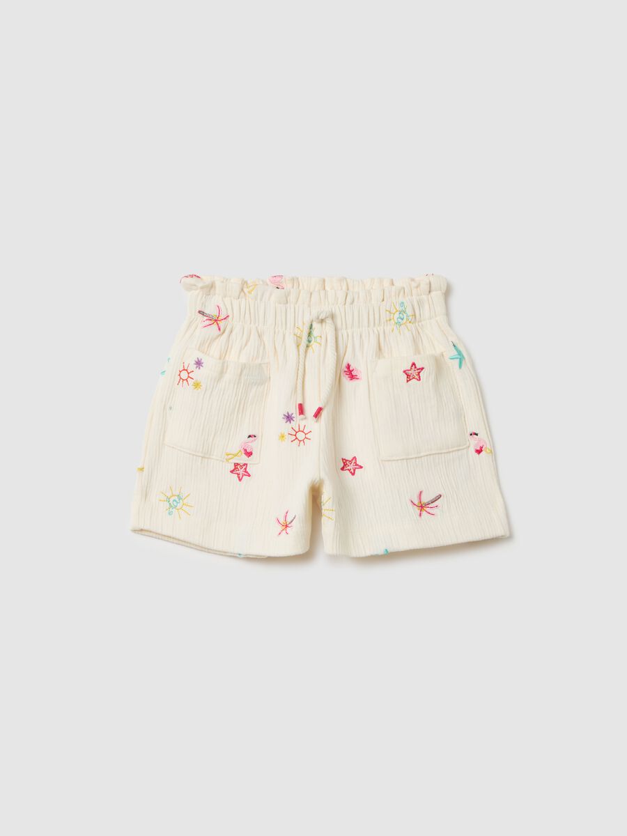 Girls' beige cotton shorts regular fit with embroidery_0