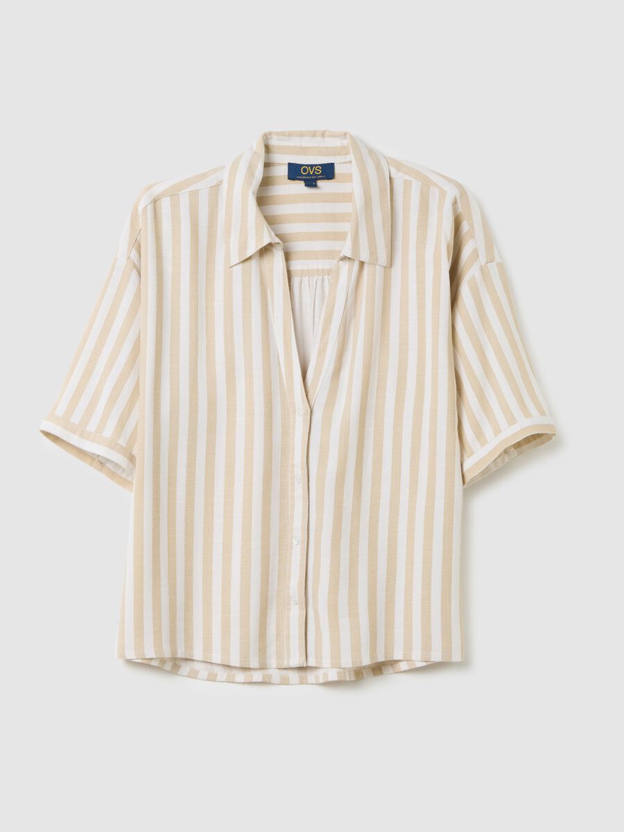 Beige and white striped linen and viscose shirt_4