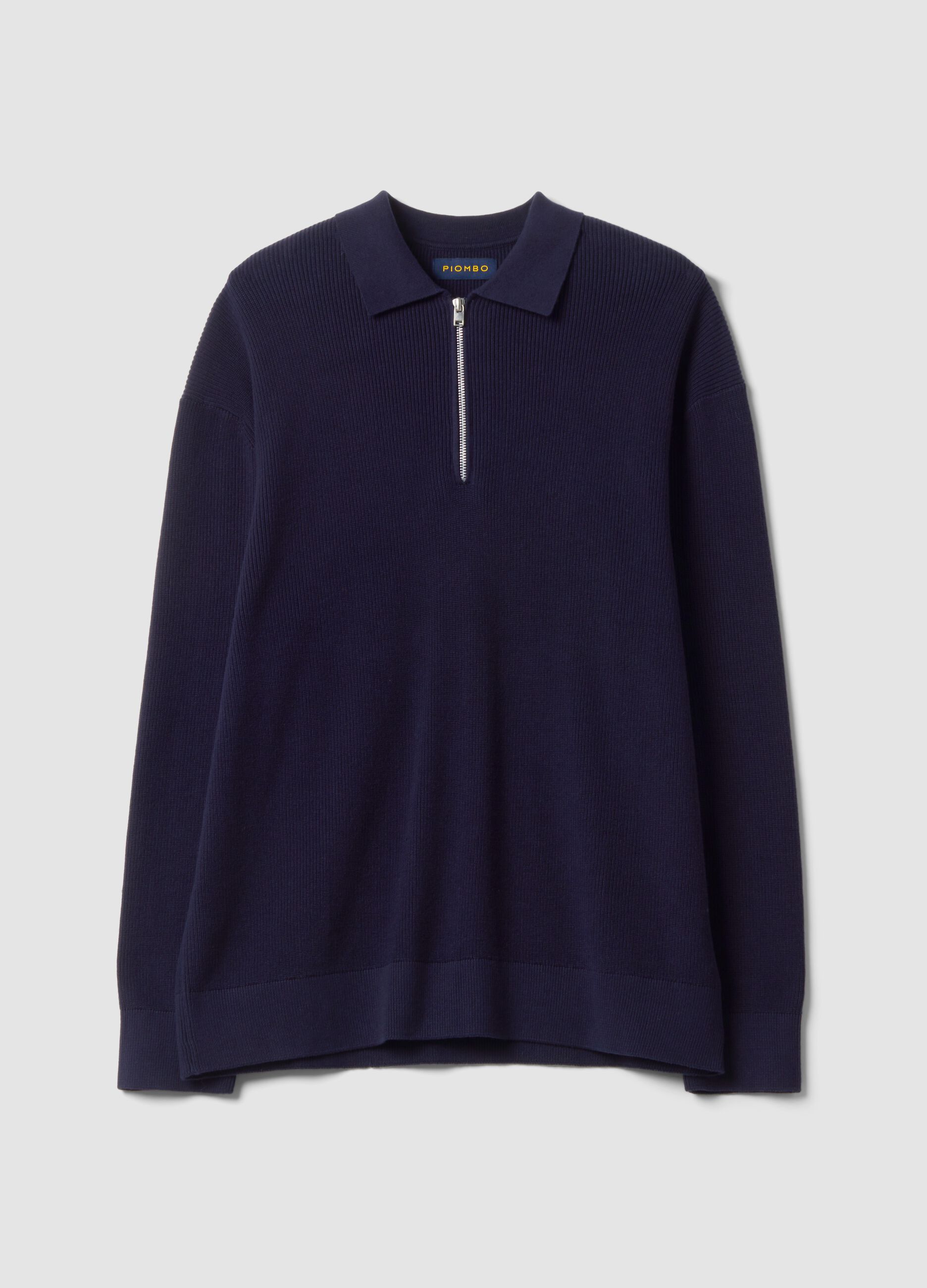 Polo blu in puro cotone con zip e collo classico