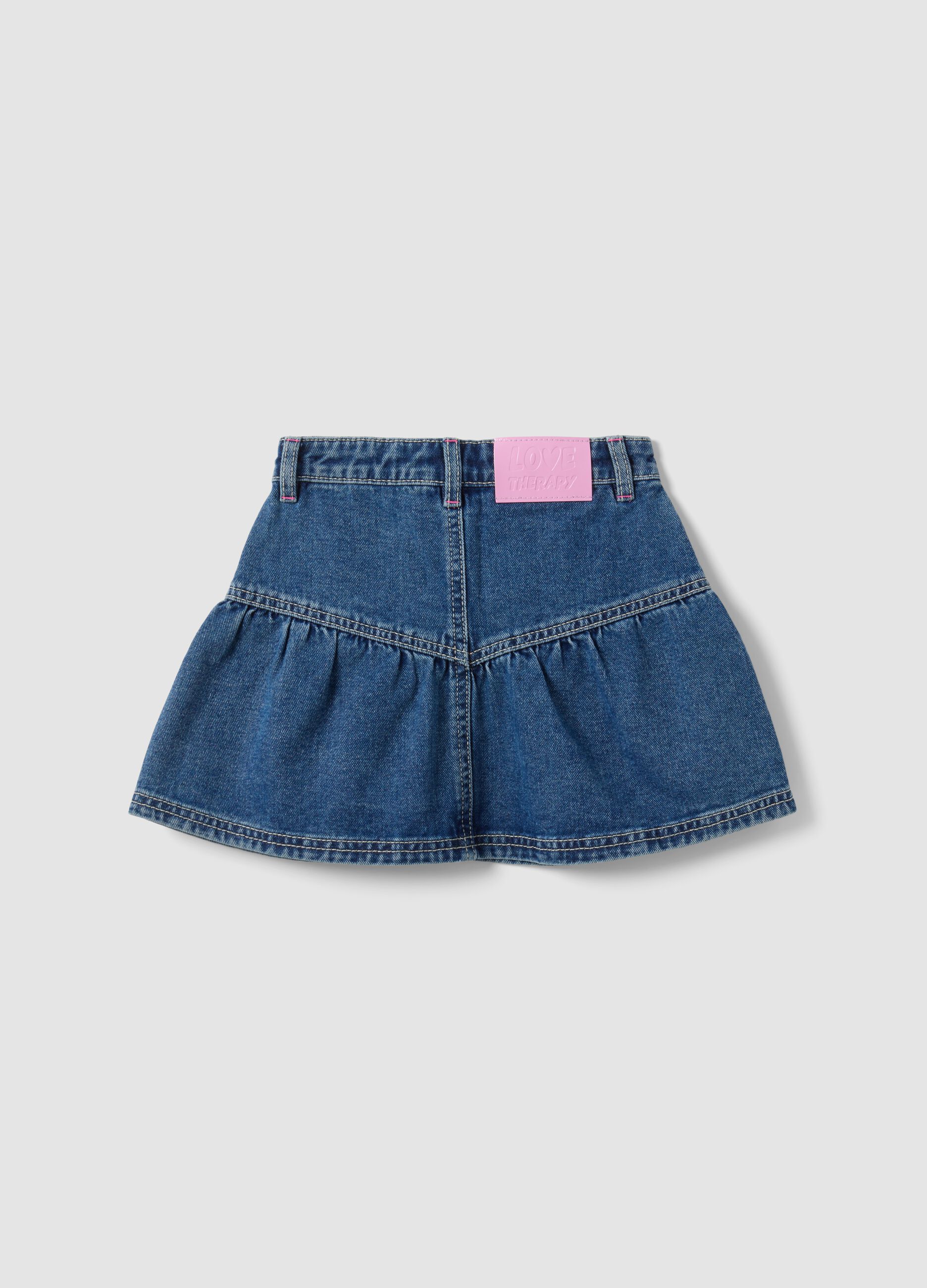 Gonna denim blu in puro cotone con ricami floreali per bambina