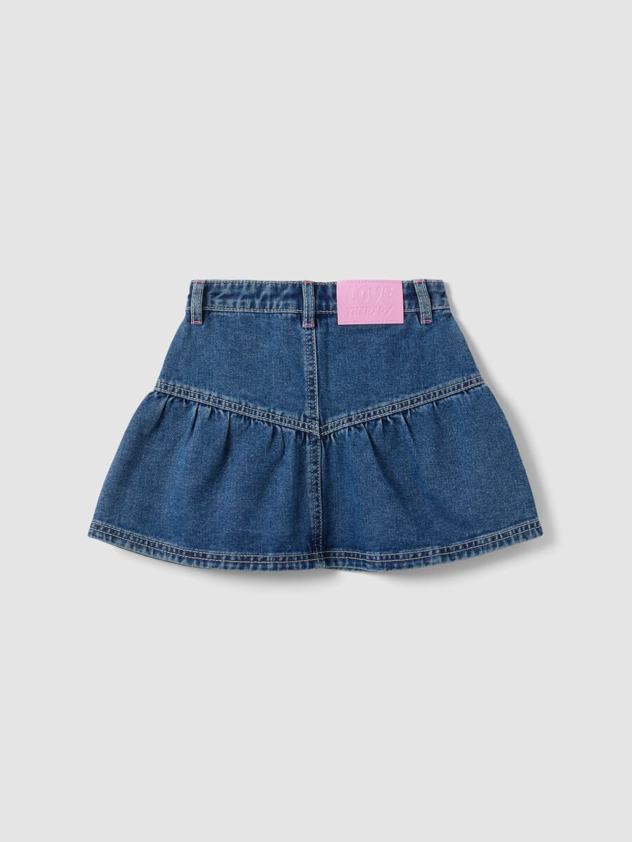 Gonna denim blu in puro cotone con ricami floreali per bambina_1
