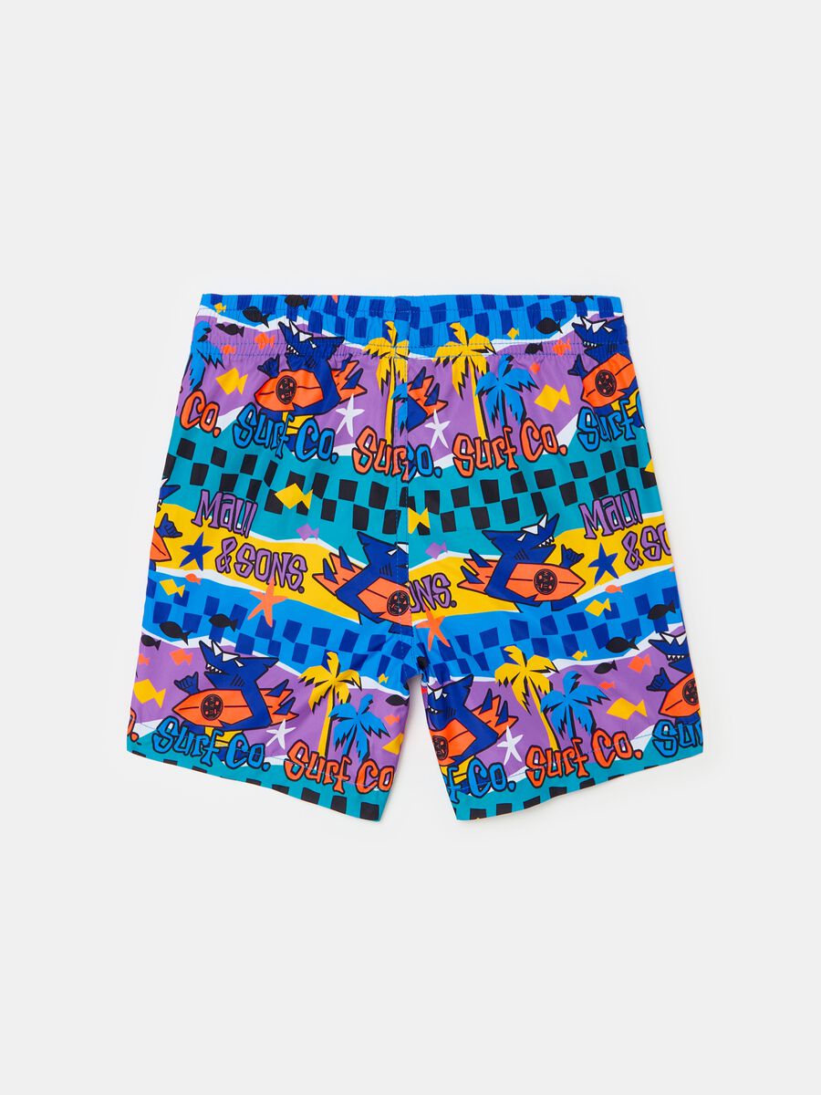Swimming trunks with shark surfer print_1