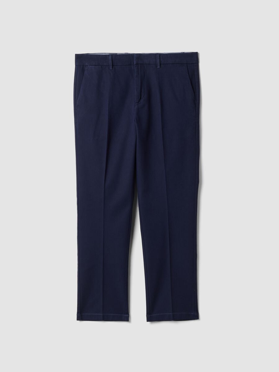 Blue stretch cotton twill chino trousers, regular tapered fit_0