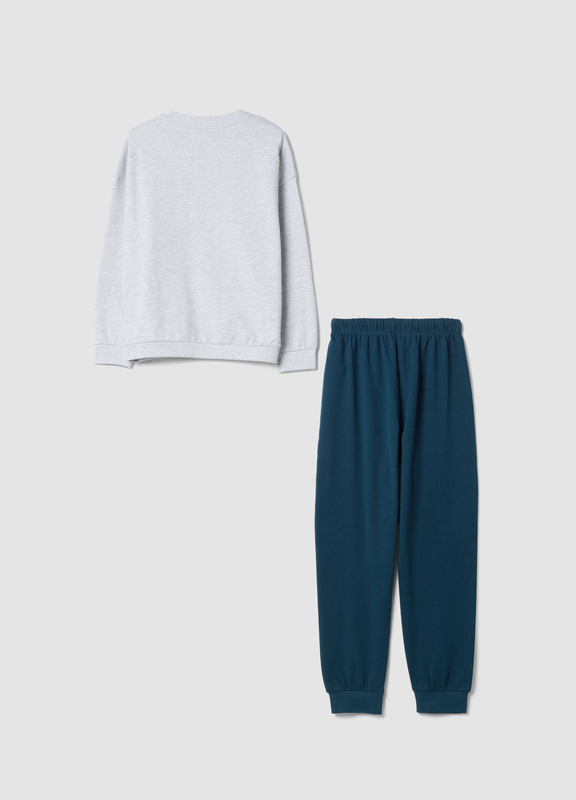 Grey and green organic cotton and viscose blend crew-neck pyjamas