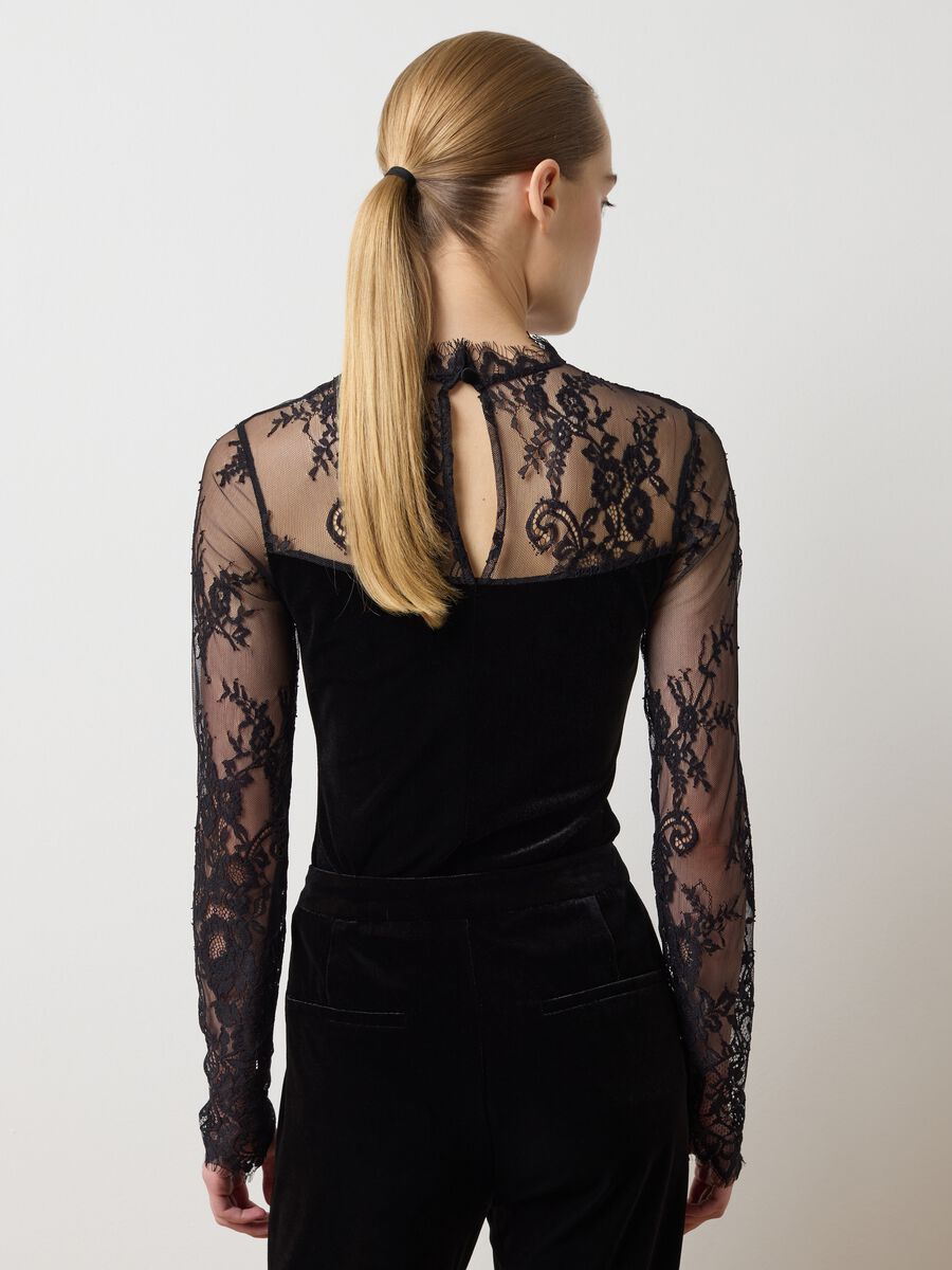 Black stretch fabric bodysuit with sheer details_3