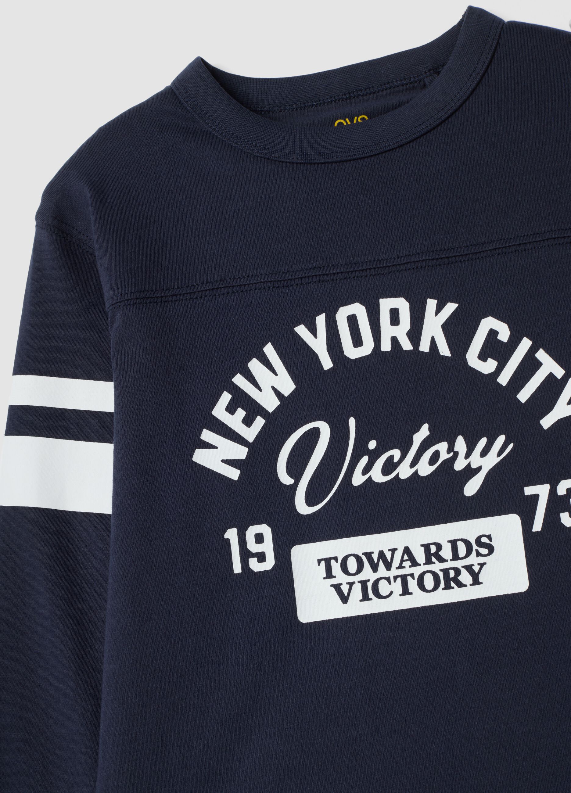 T-shirt blu in puro cotone con stampa college regular fit