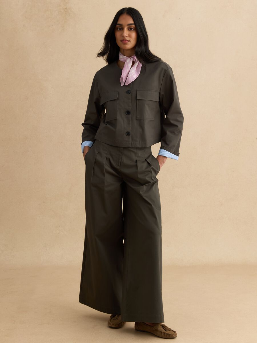 Grey wide leg stretch cotton chino trousers_0