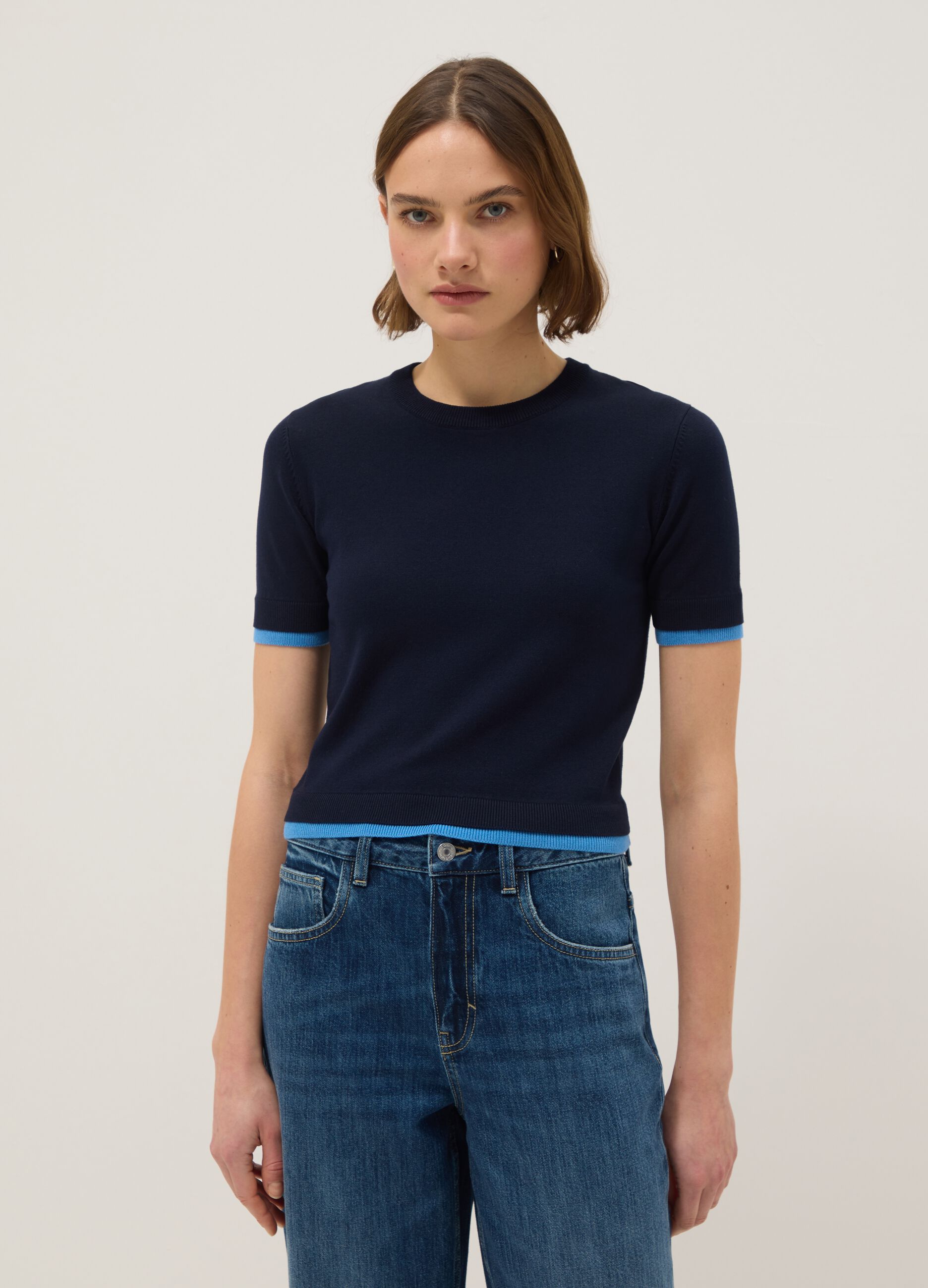 Blue viscose blend crewneck sweater, regular fit