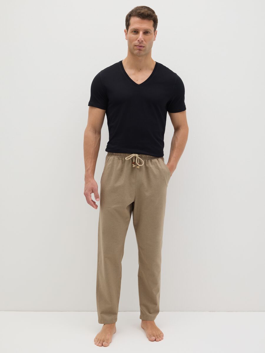 Men's beige regular fit cotton blend trousers with drawstring_0