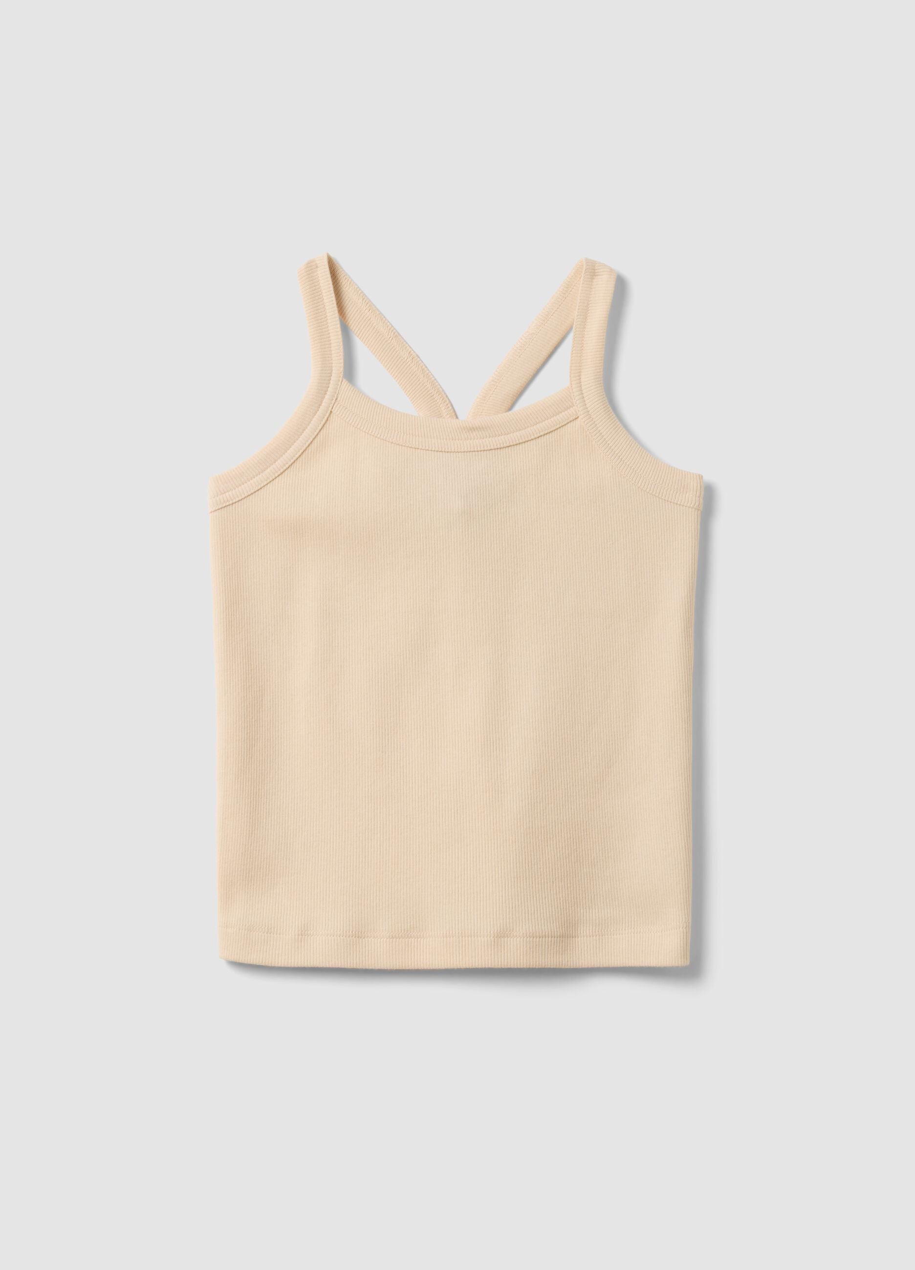Tank top fitted beige in cotone elasticizzato a coste da ragazza