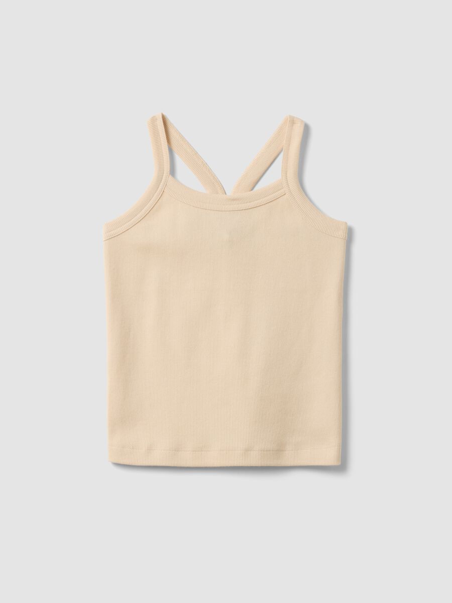 Tank top fitted beige in cotone elasticizzato a coste da ragazza_0