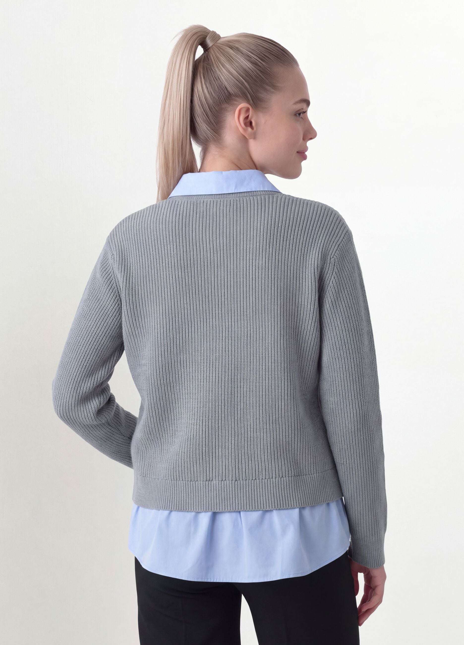Cardigan grigio con colletto regular fit a coste effetto doppio strato