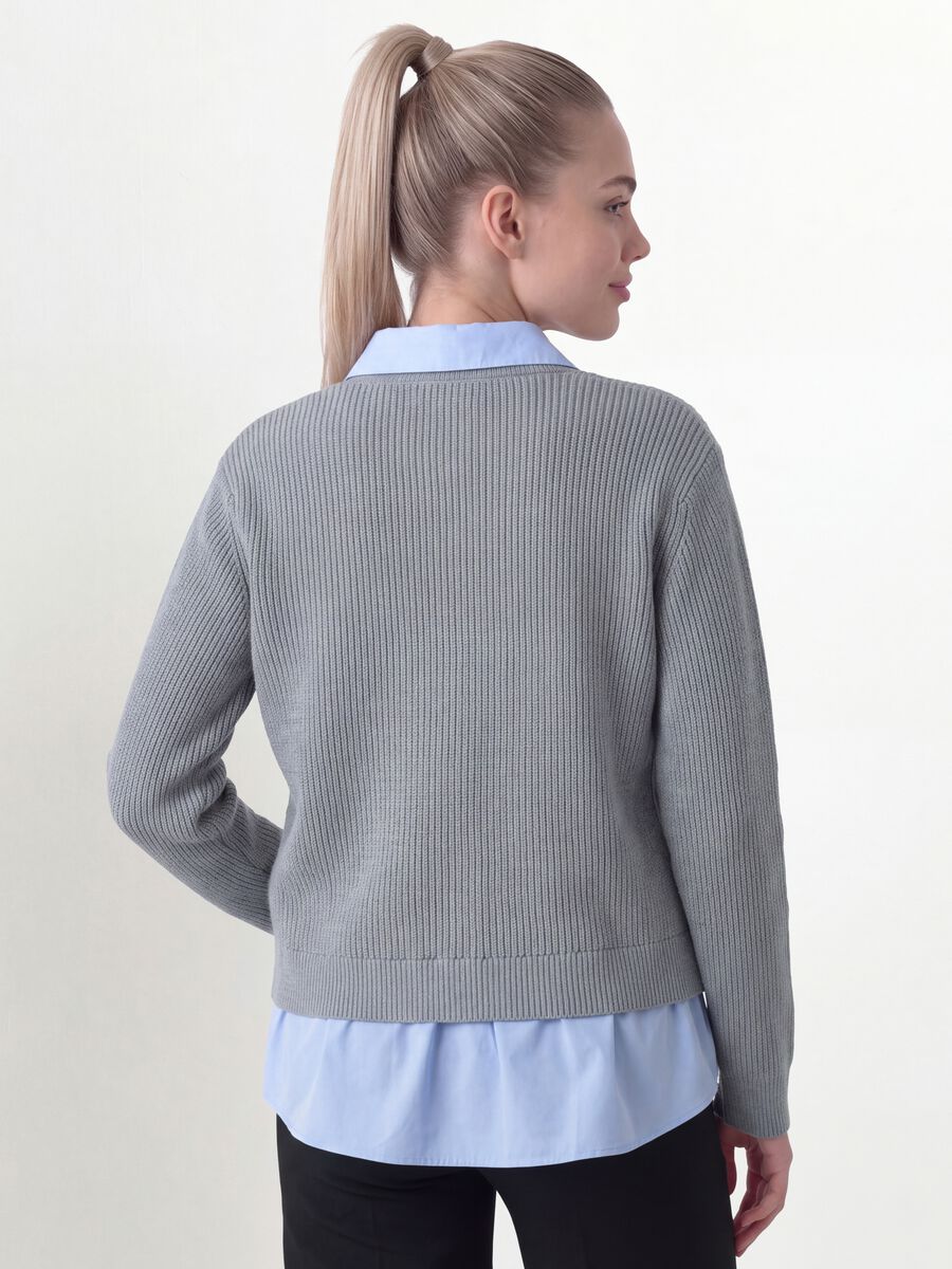 Cardigan grigio con colletto regular fit a coste effetto doppio strato_3