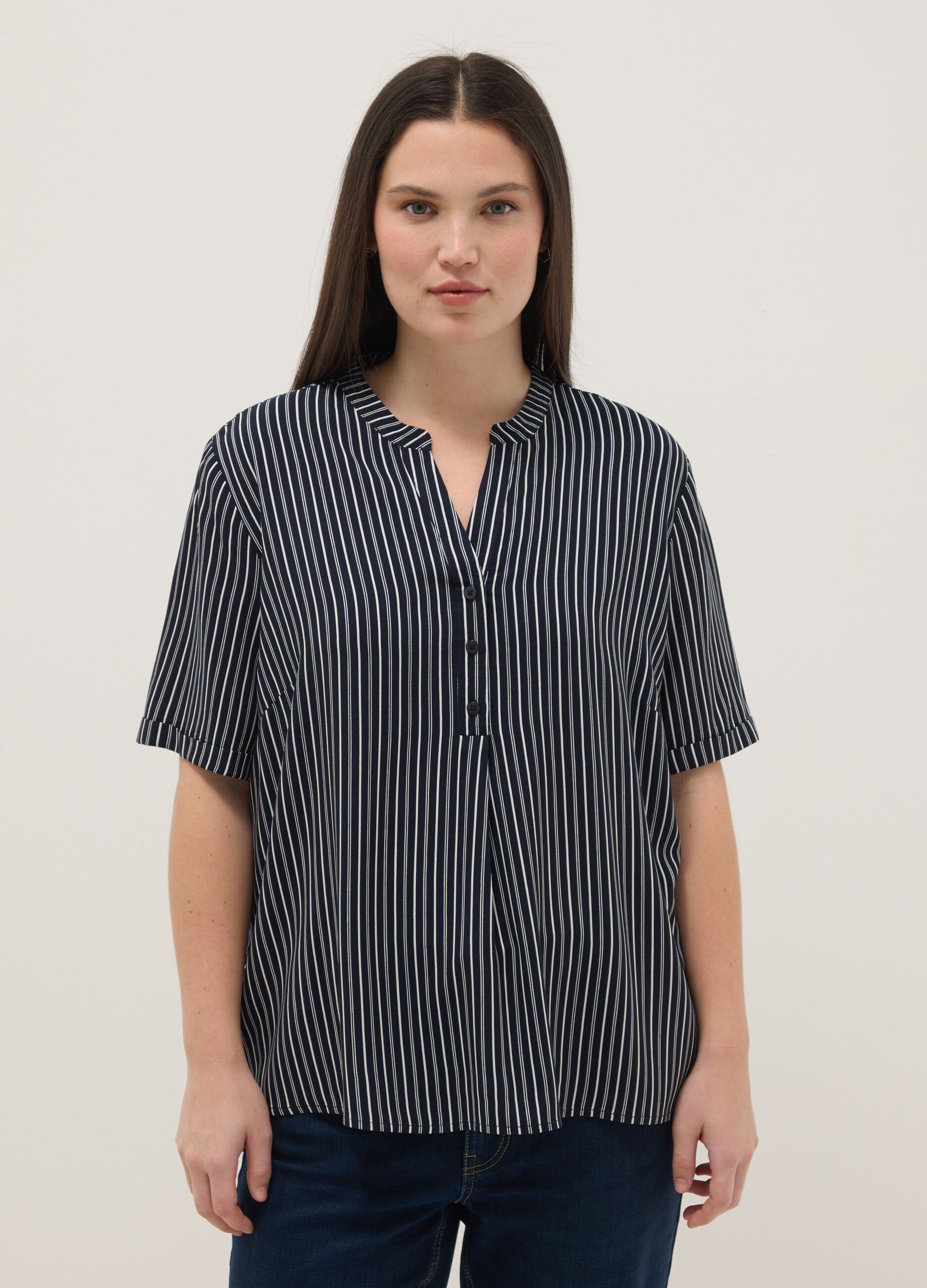 Multicolour striped regular fit pure viscose shirt with buttons