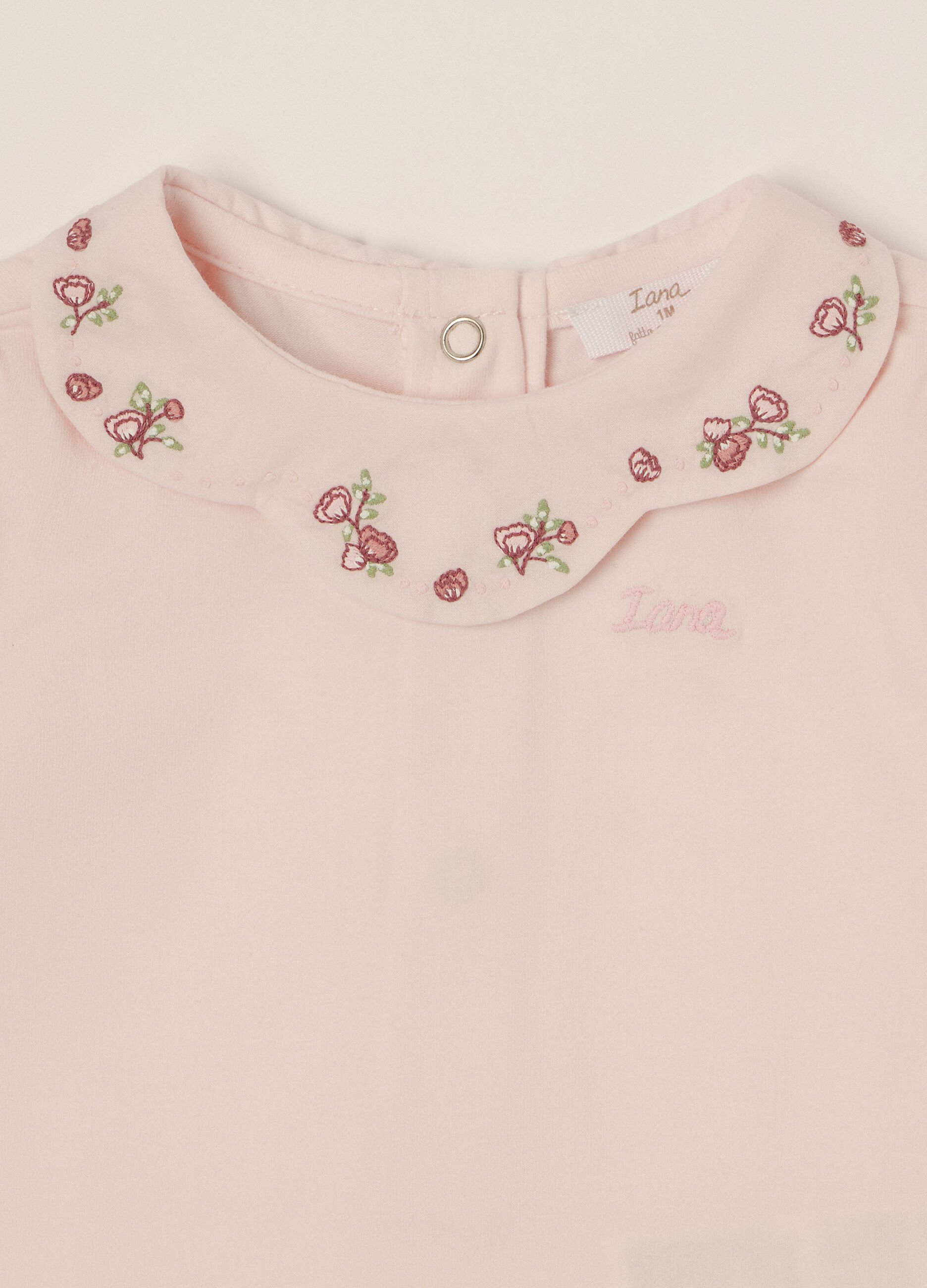 Pink stretch cotton bodysuit with embroidery
