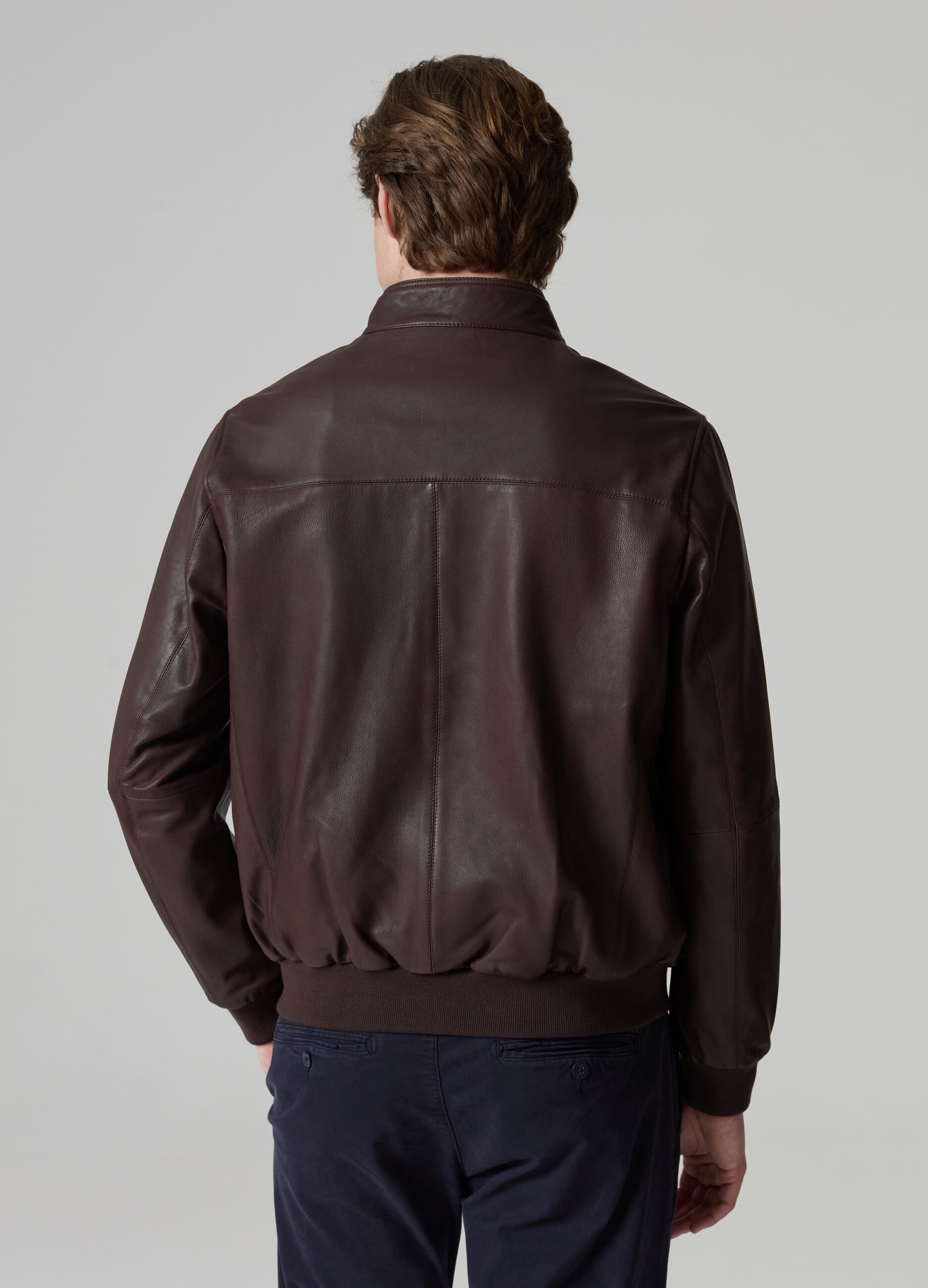 Leather bomber jacket with high neck