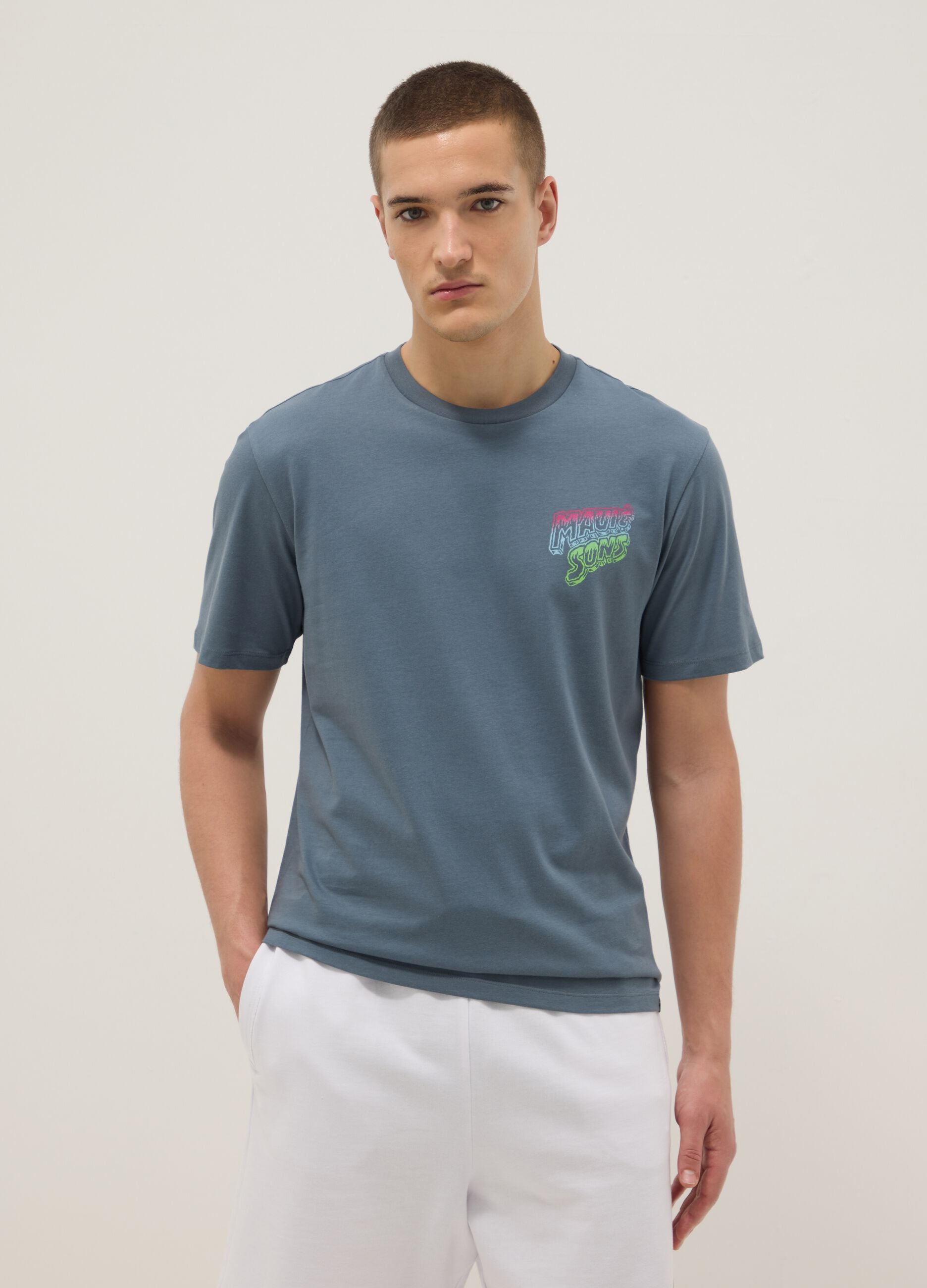 Light blue pure cotton short-sleeve T-shirt, relaxed fit with print