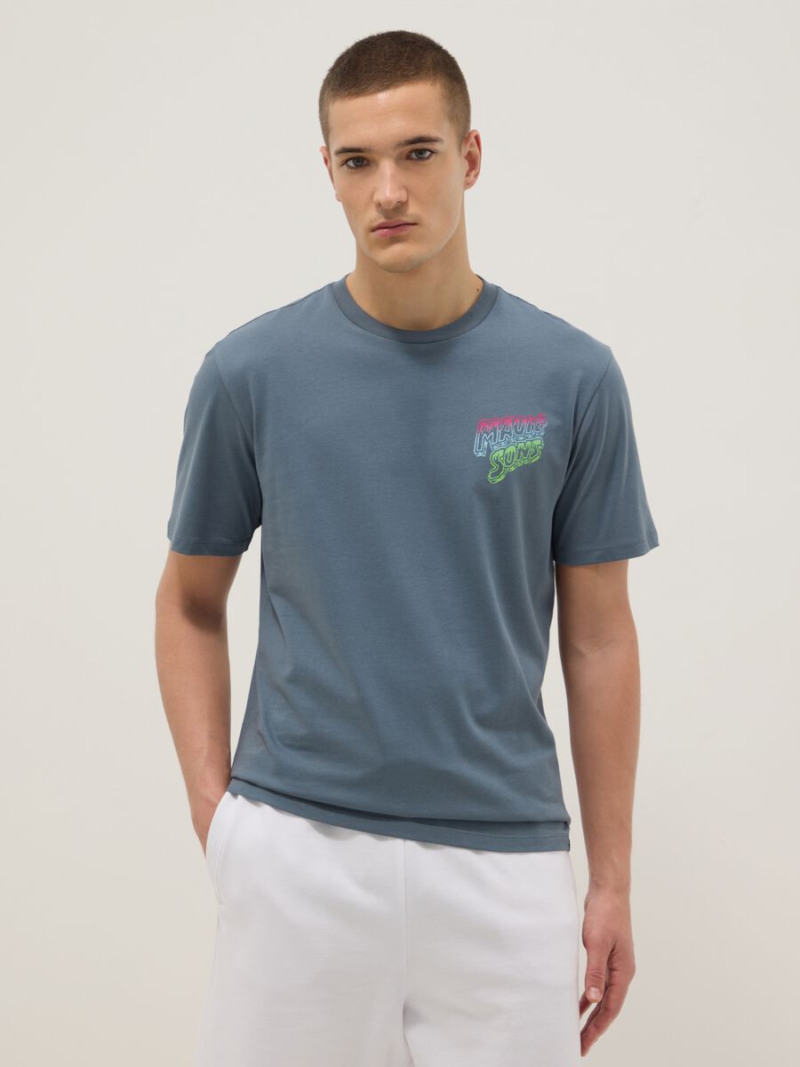 T-shirt a maniche corte in puro cotone azzurra relaxed fit con stampa_0