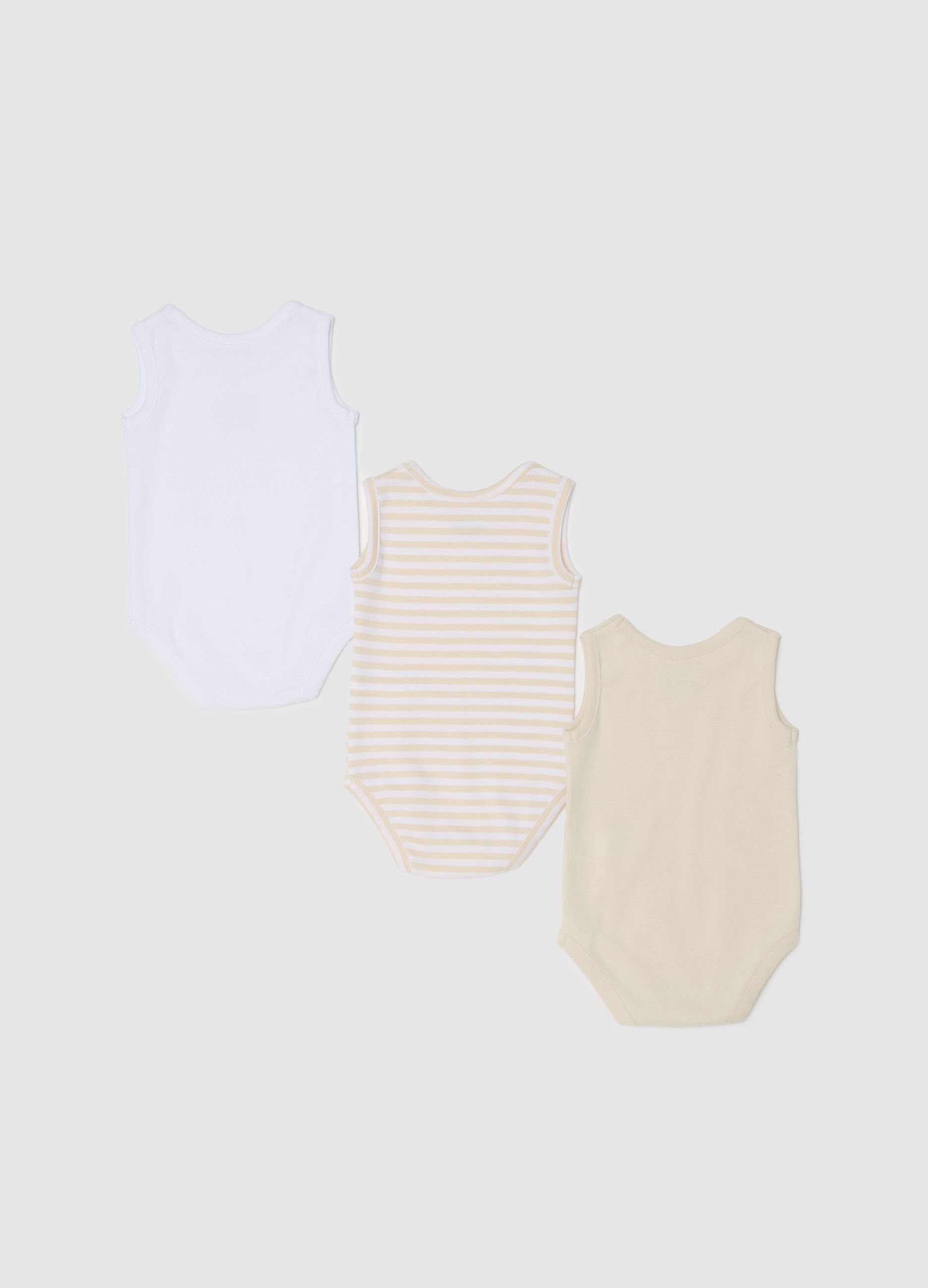 Three-pack sleeveless bodysuits in striped organic cotton with print