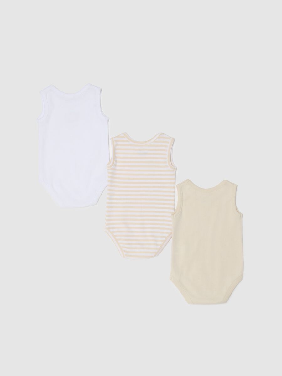 Three-pack sleeveless bodysuits in striped organic cotton with print_1