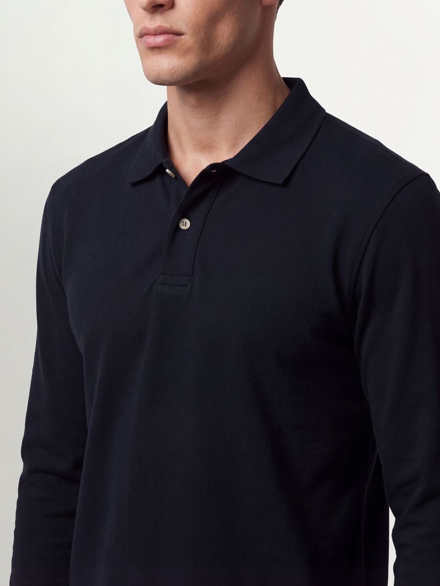 Blue long-sleeved regular-fit polo shirt in pure organic cotton piqu&eacute;_4