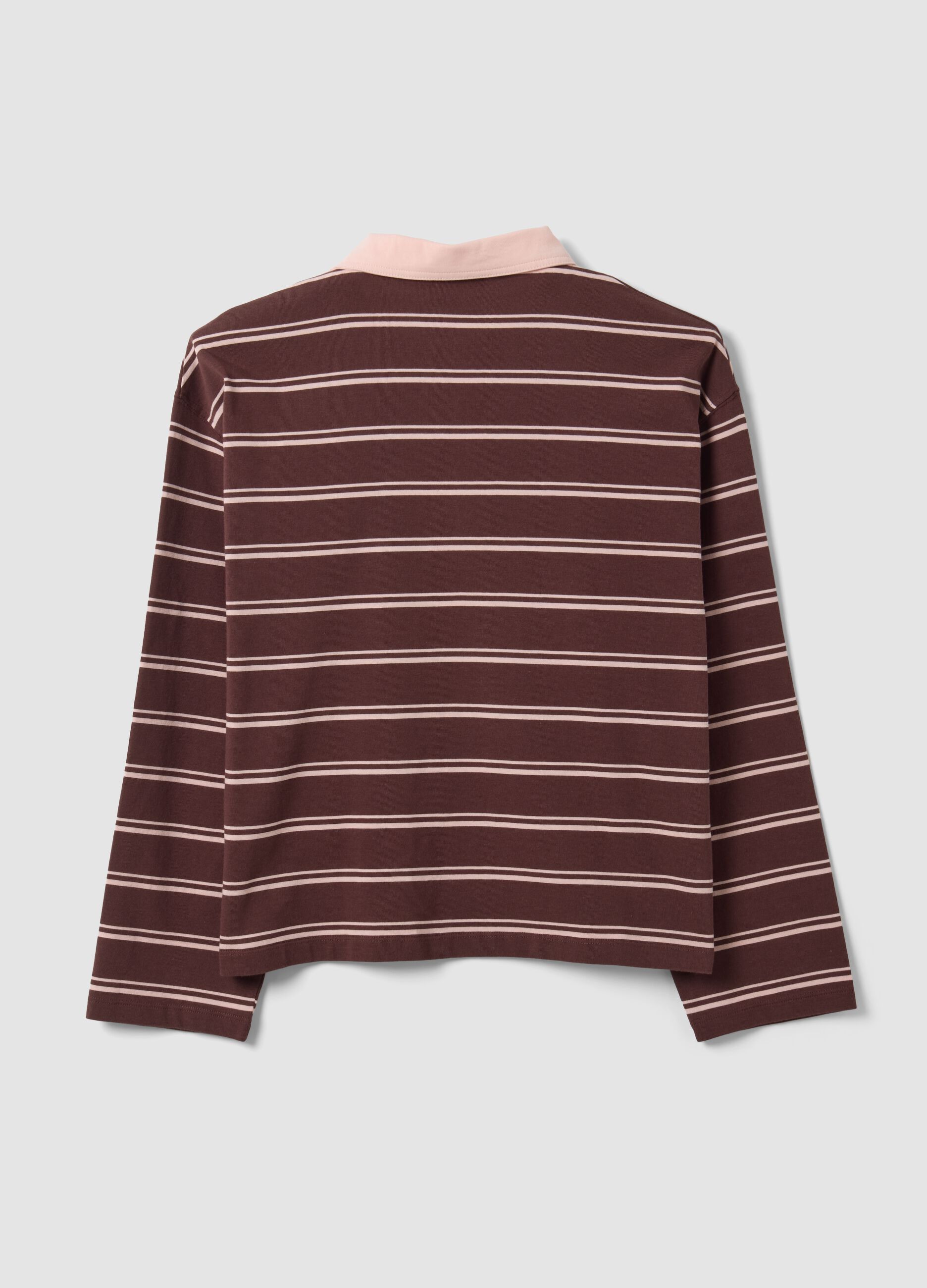 Brown pure cotton striped long-sleeve polo shirt, regular fit