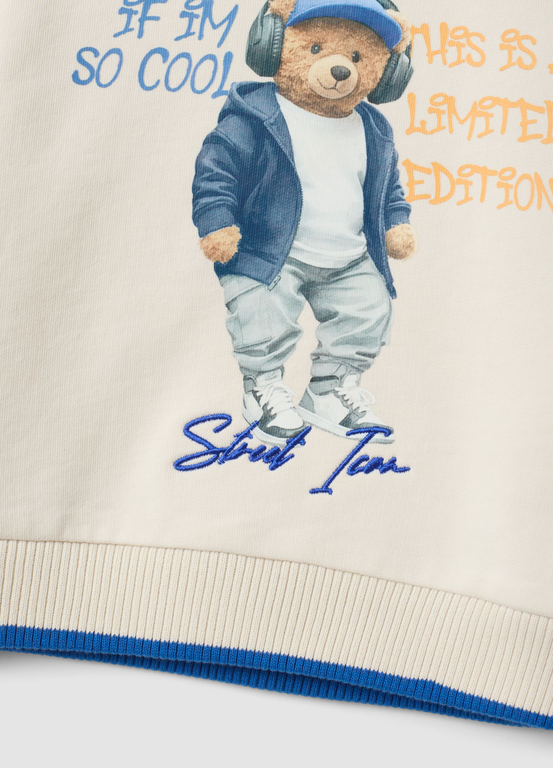 White organic cotton crew-neck sweatshirt with teddy bear print for baby boy