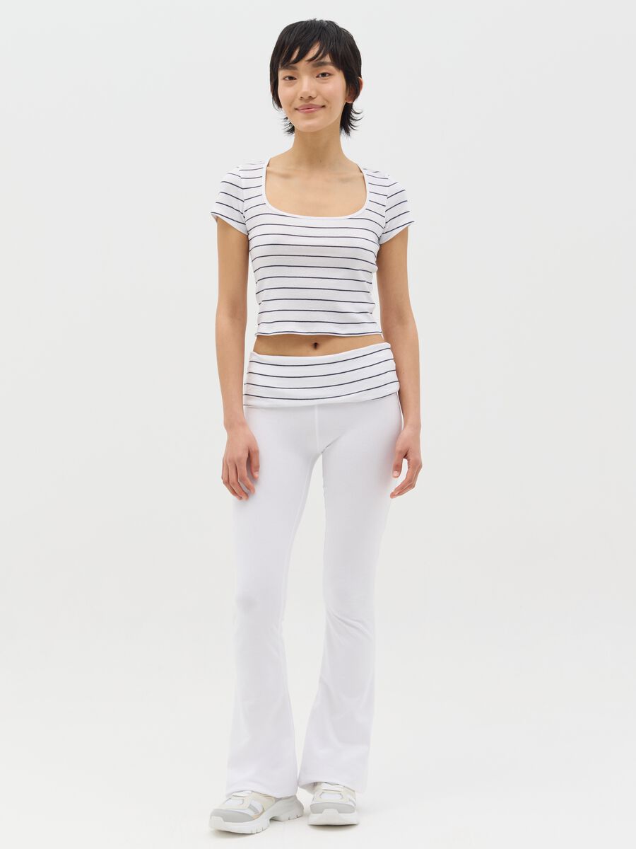 White flare-fit leggings with striped fold at the waist_0