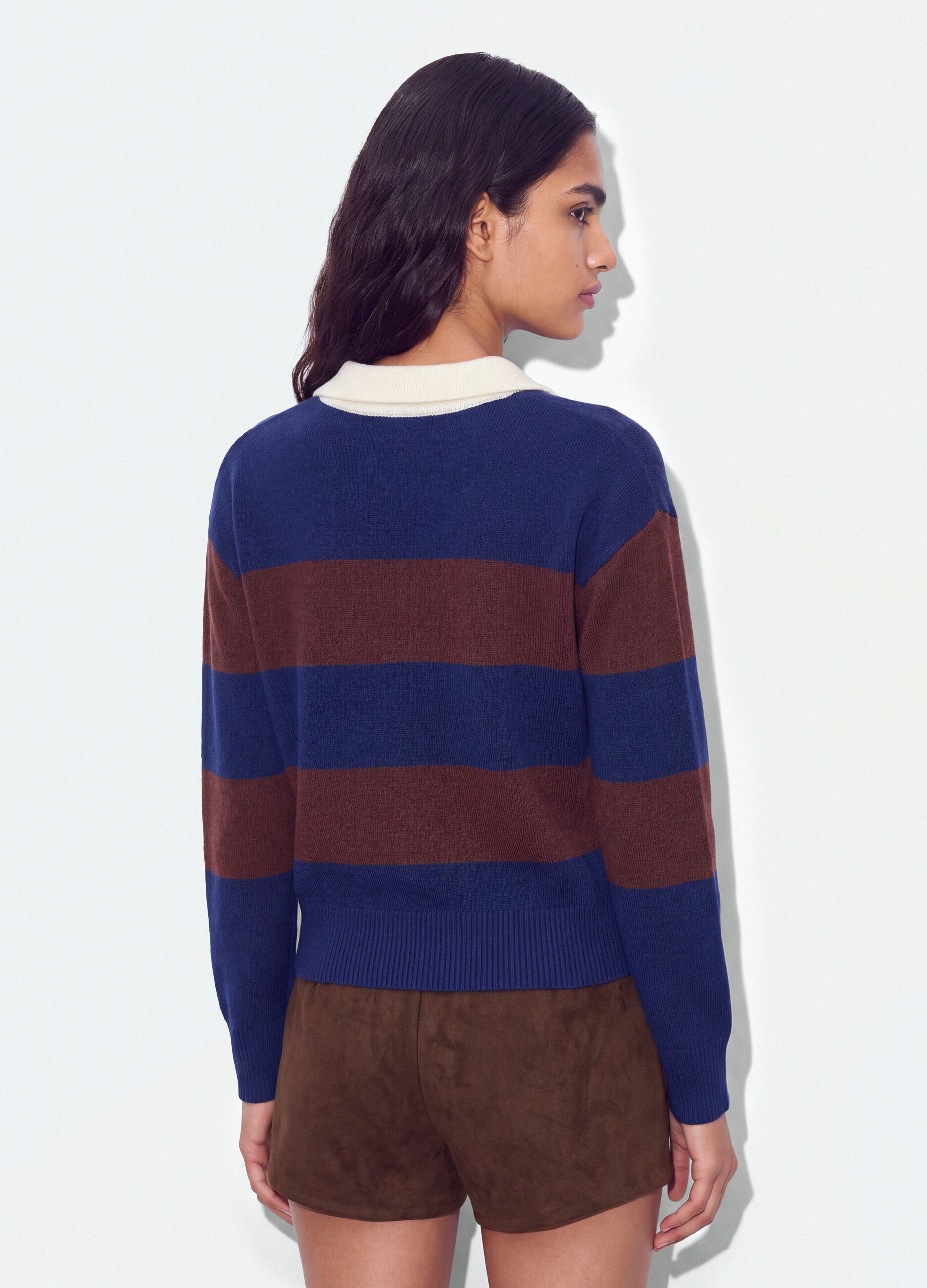 Blue striped viscose-blend polo-collar top, regular fit