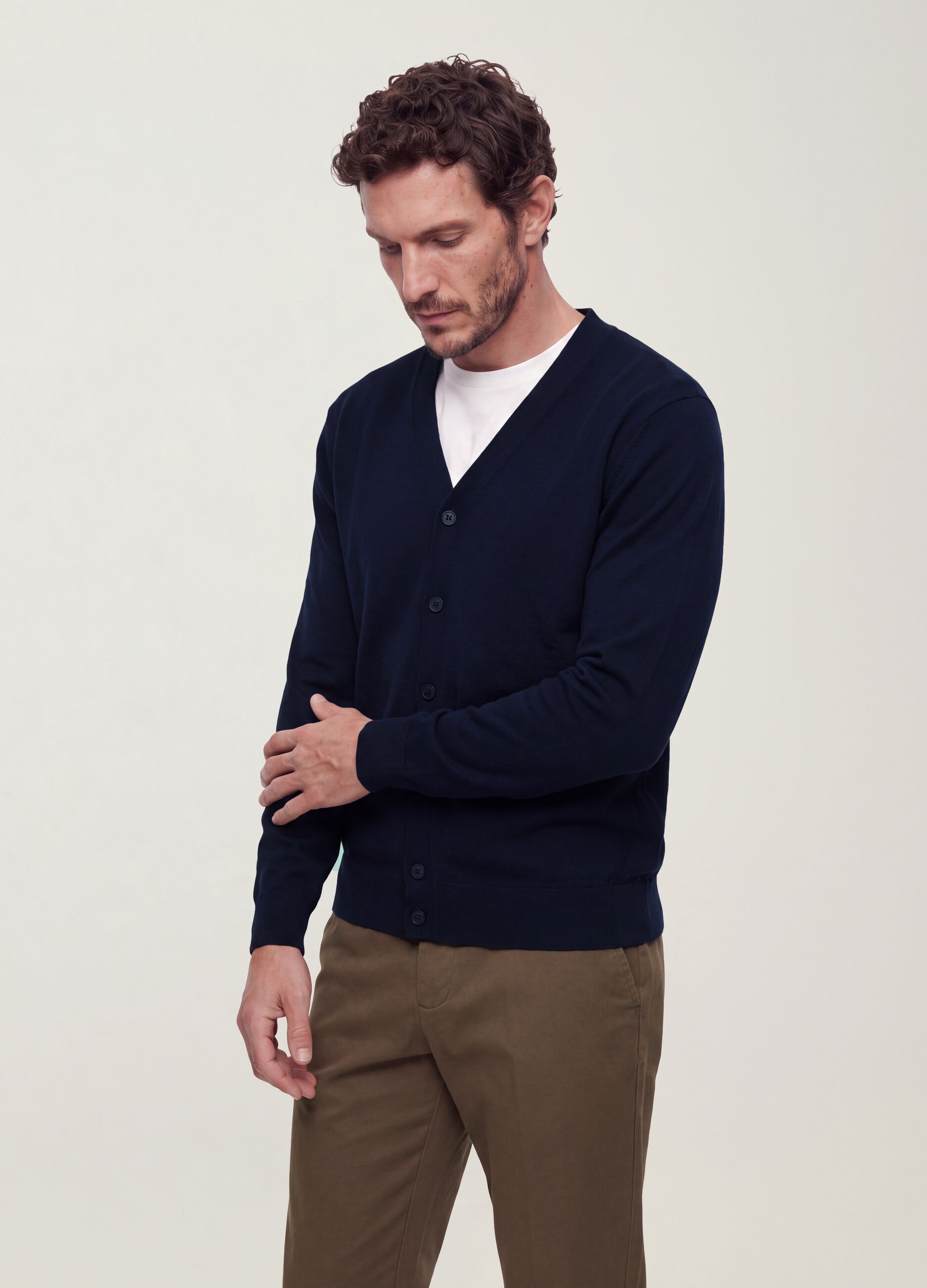 Blue Viscose-Blend V-Neck Cardigan, Regular Fit