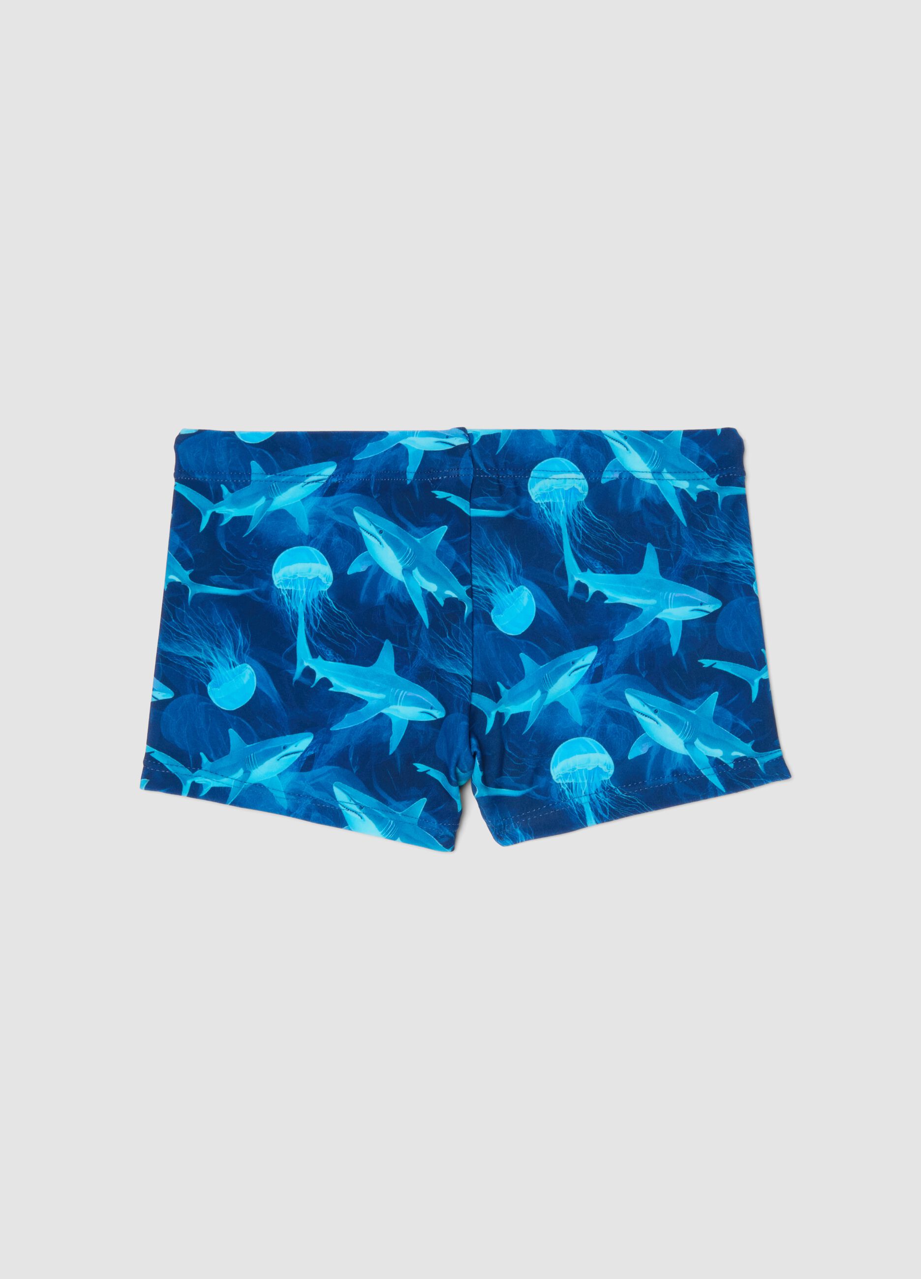 Blue stretch swim shorts with shark print