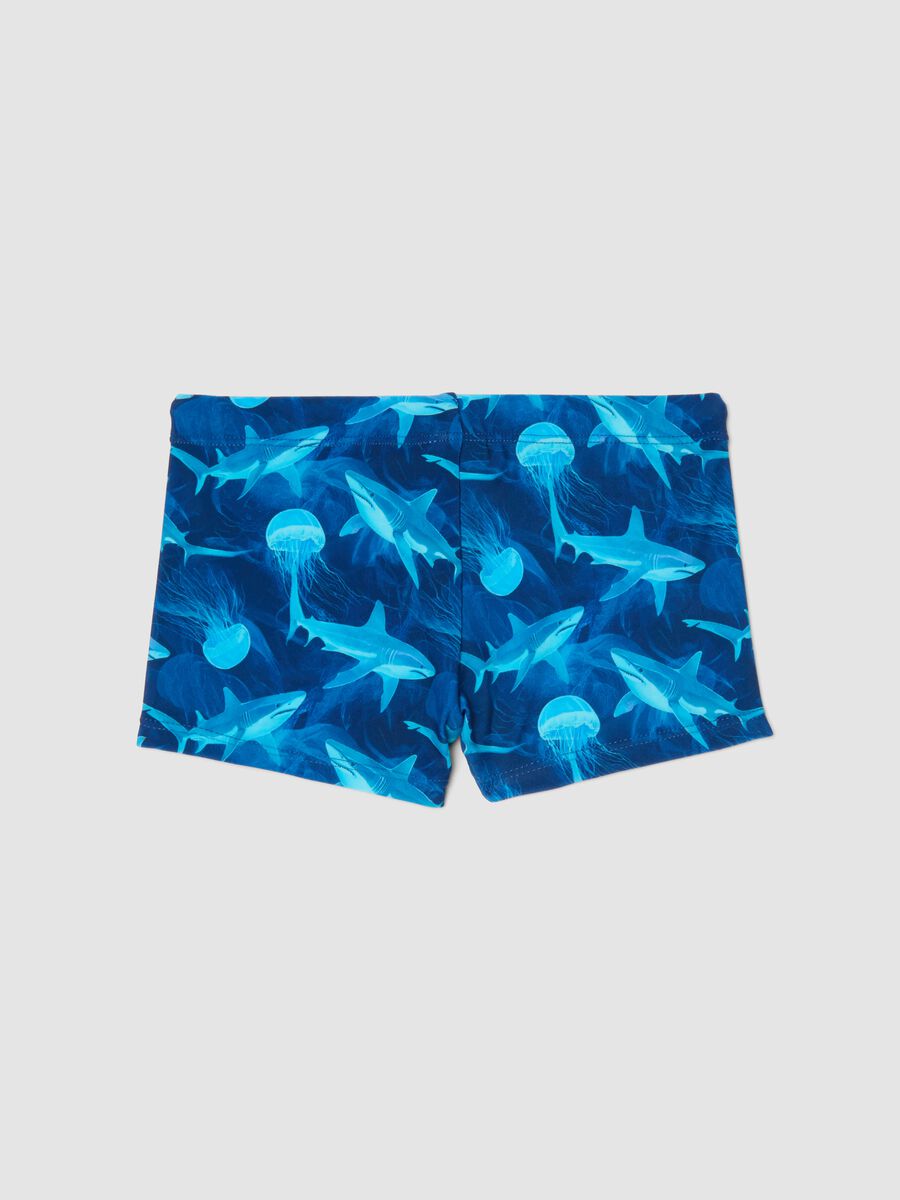 Blue stretch swim shorts with shark print_1