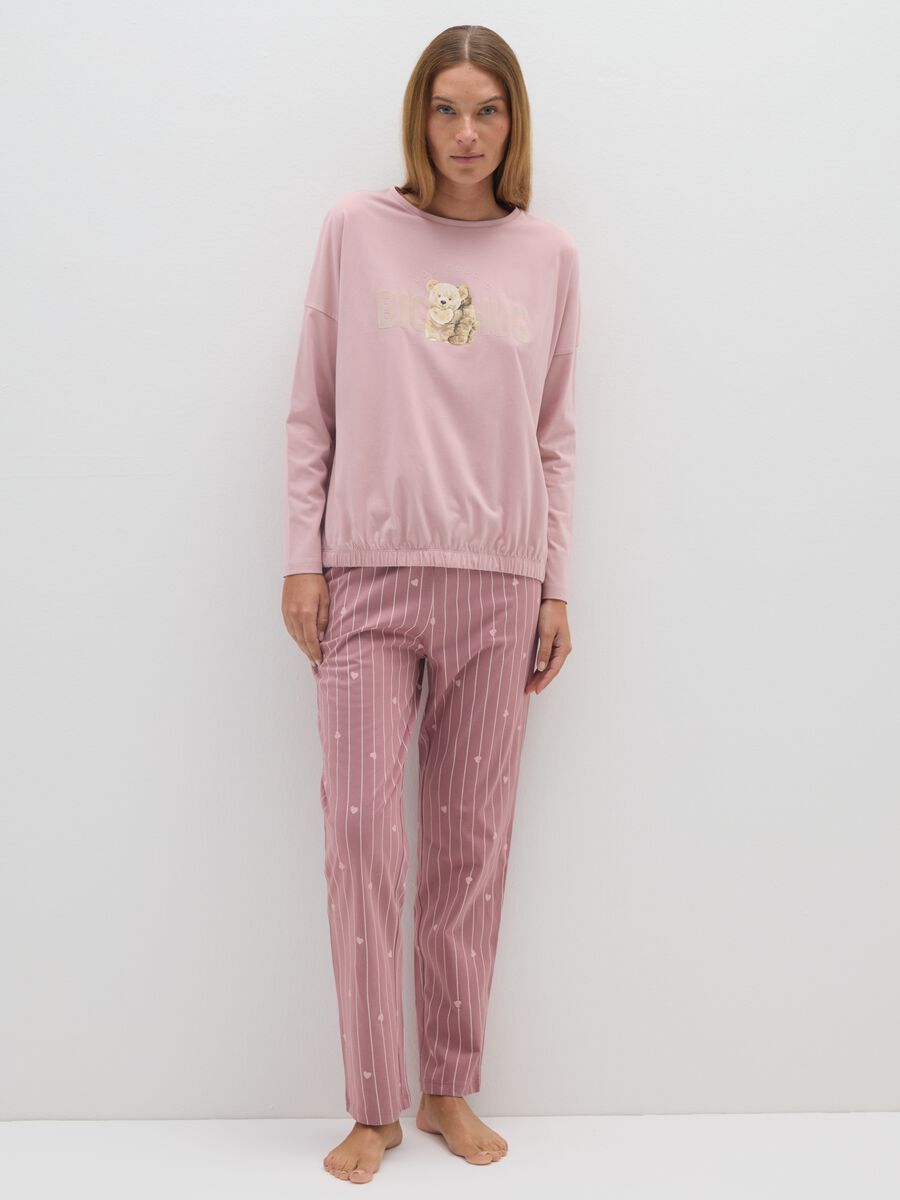 Pigiama a righe in puro cotone rosa regular fit con stampa_0