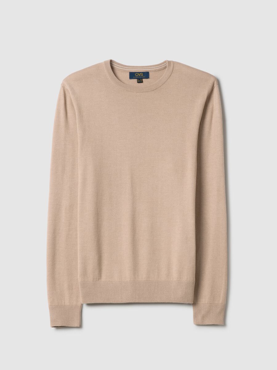 Beige crew neck pullover in regular fit cotton blend_4