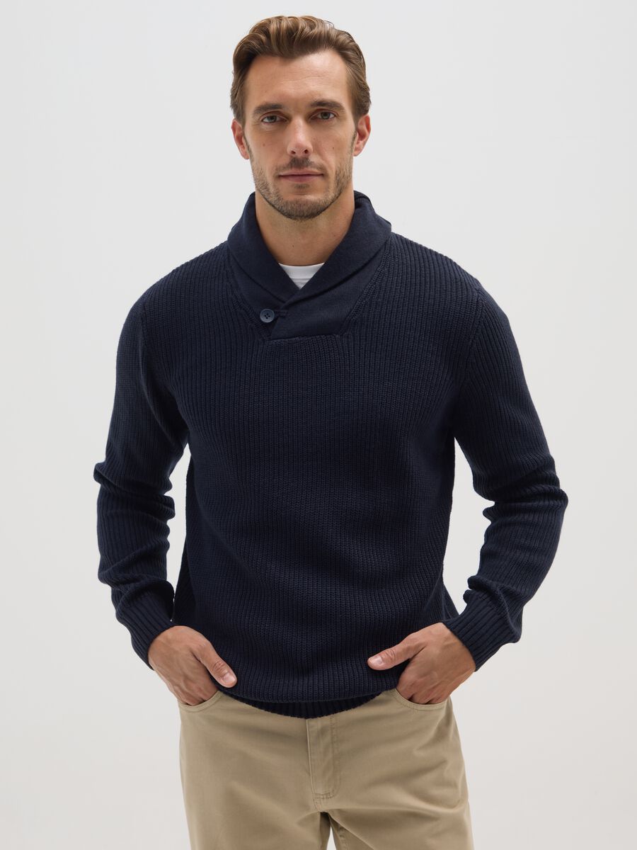 Blue sweater with shawl collar regular fit_0