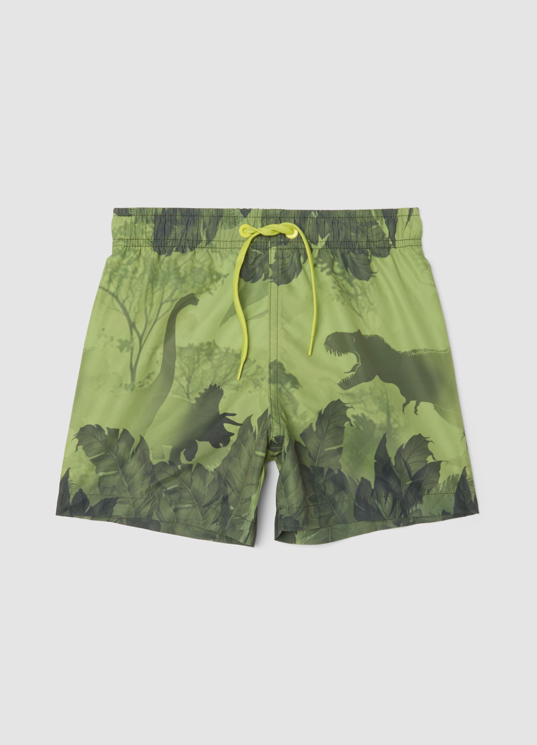 Green boys&rsquo; swim shorts with dinosaur print