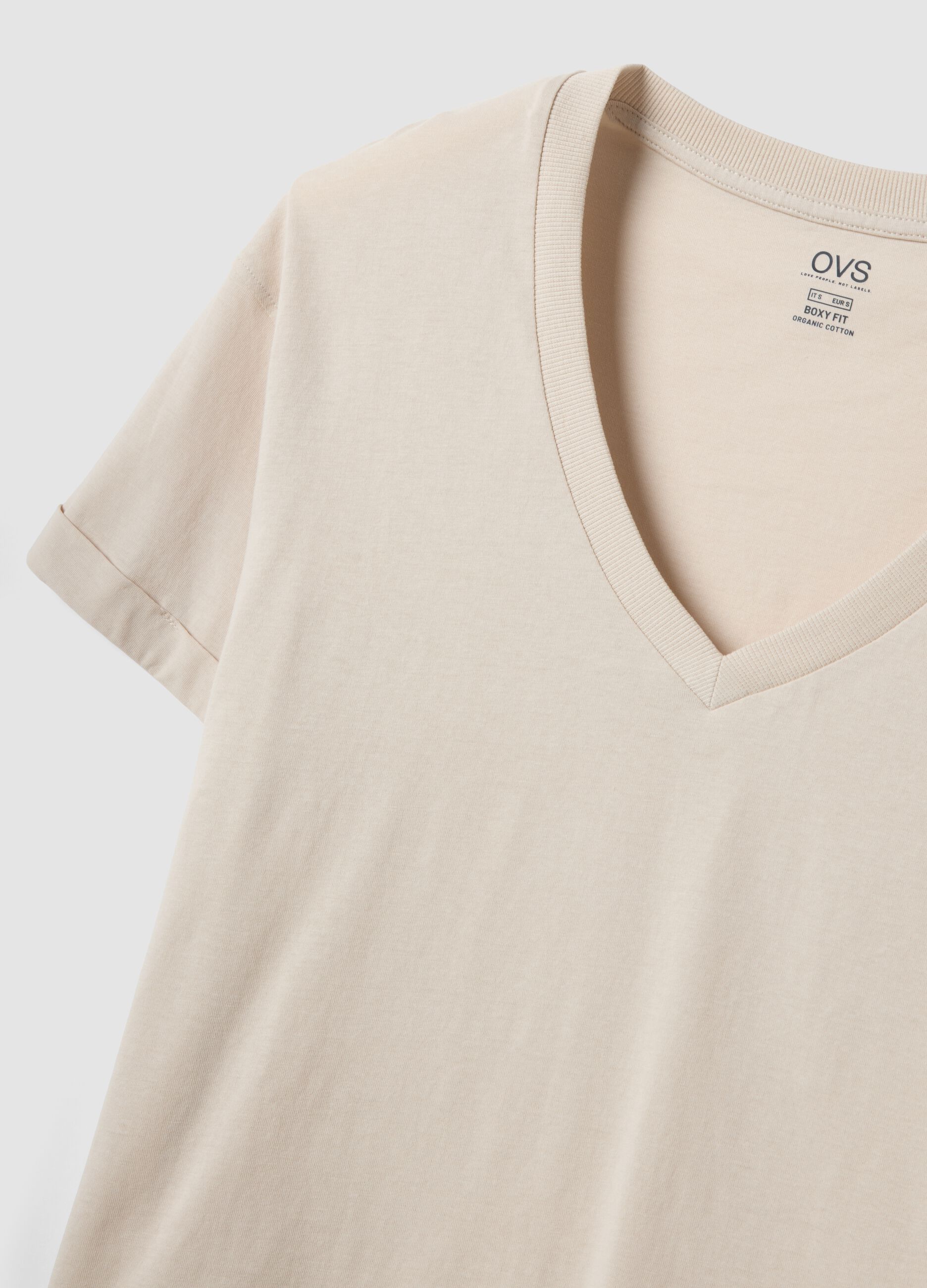 Beige pure cotton relaxed-fit V-neck T-shirt