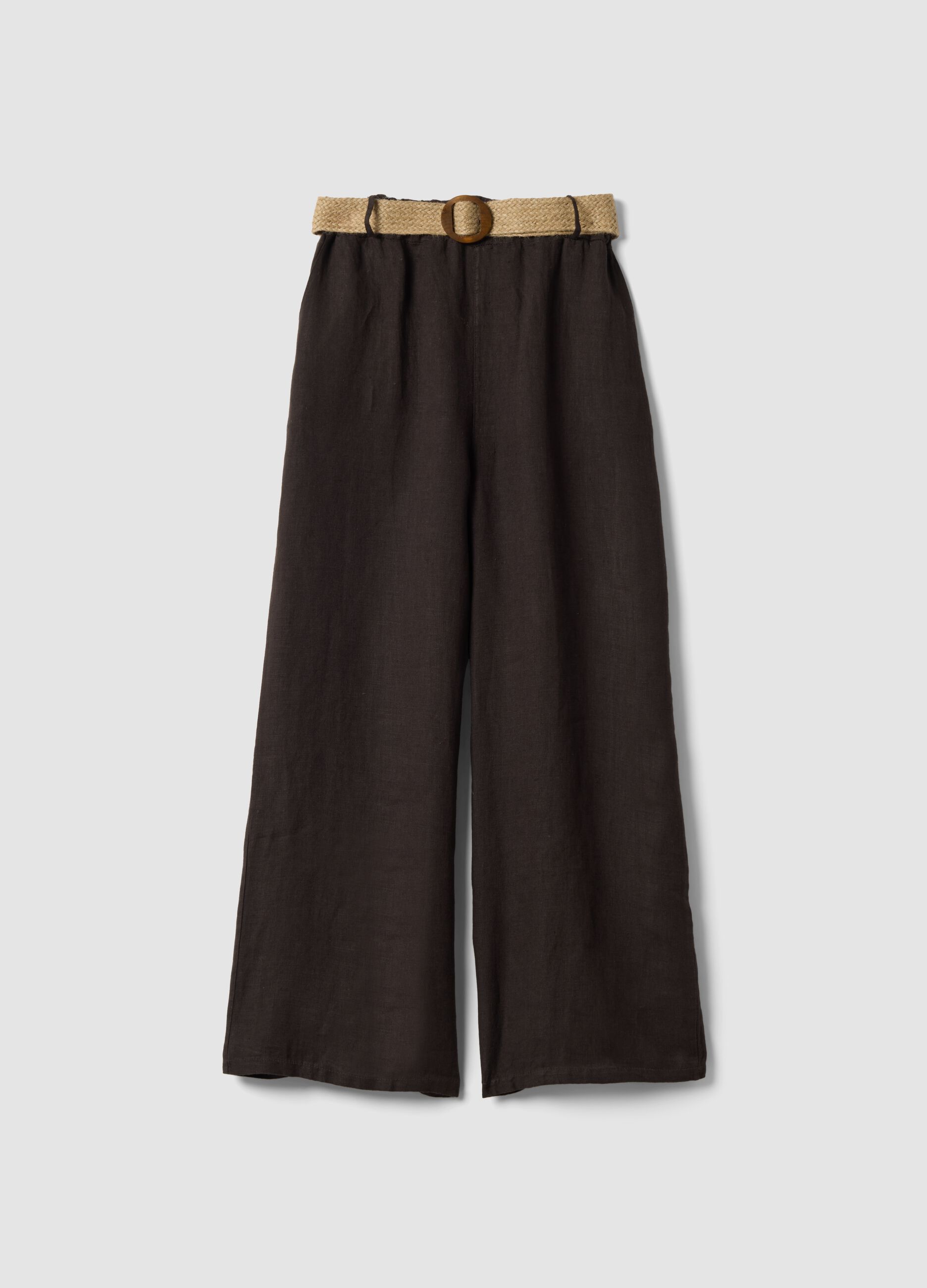 Brown pure linen wide-leg trousers with elasticated waist