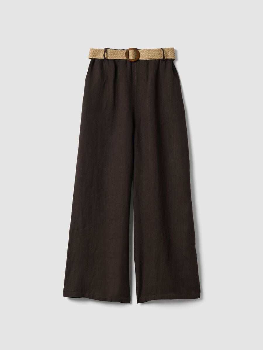 Pantaloni marroni in puro lino a gamba larga e vita elasticizzata_4