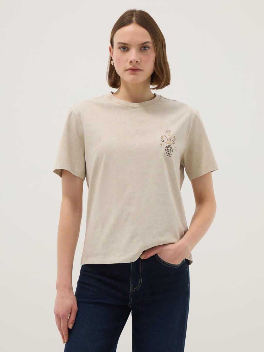 Beige pure cotton short-sleeve T-shirt, regular fit, with print_1