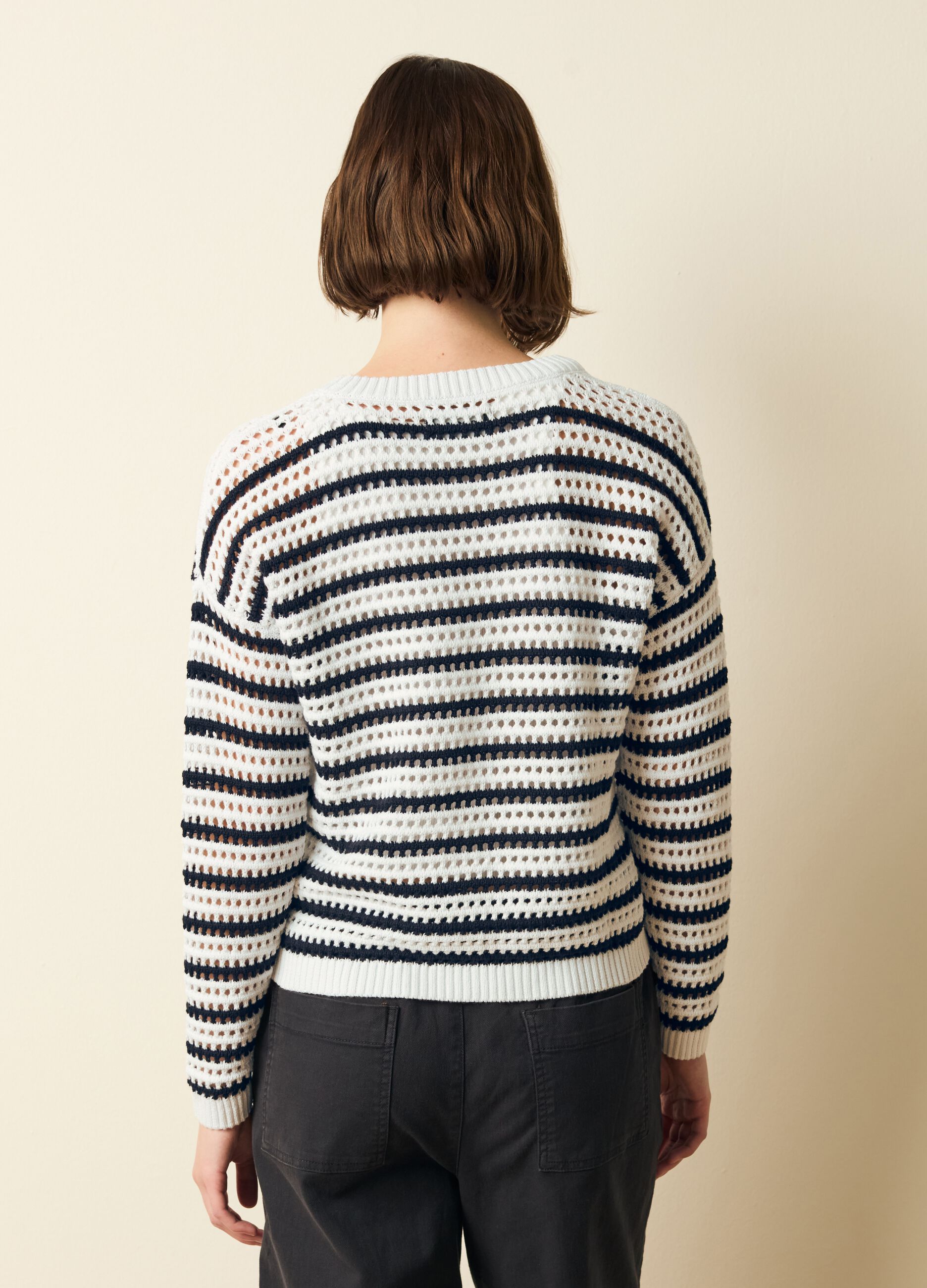 Striped pullover with openwork weave