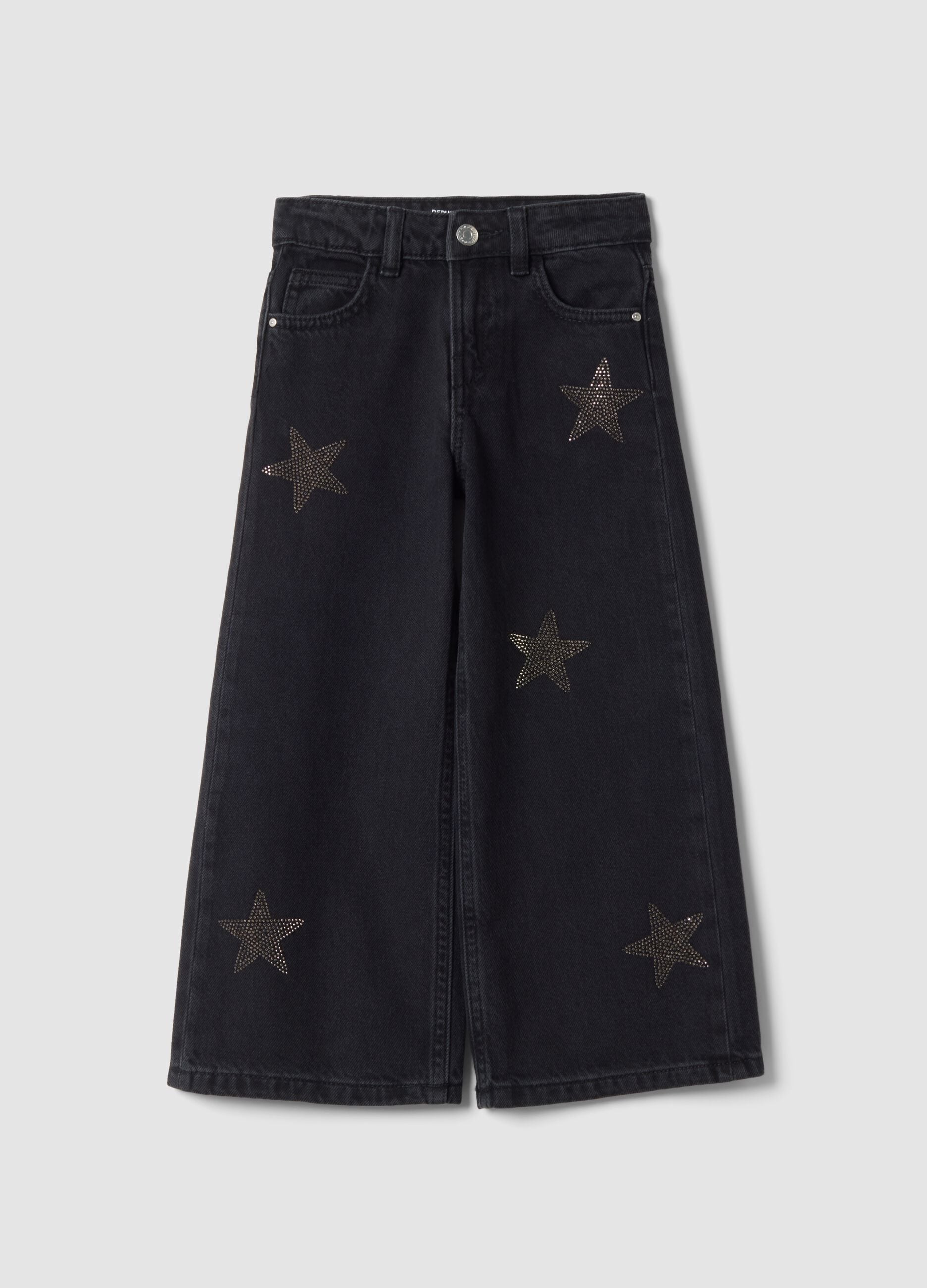 Blue wide-leg pure cotton jeans with star details