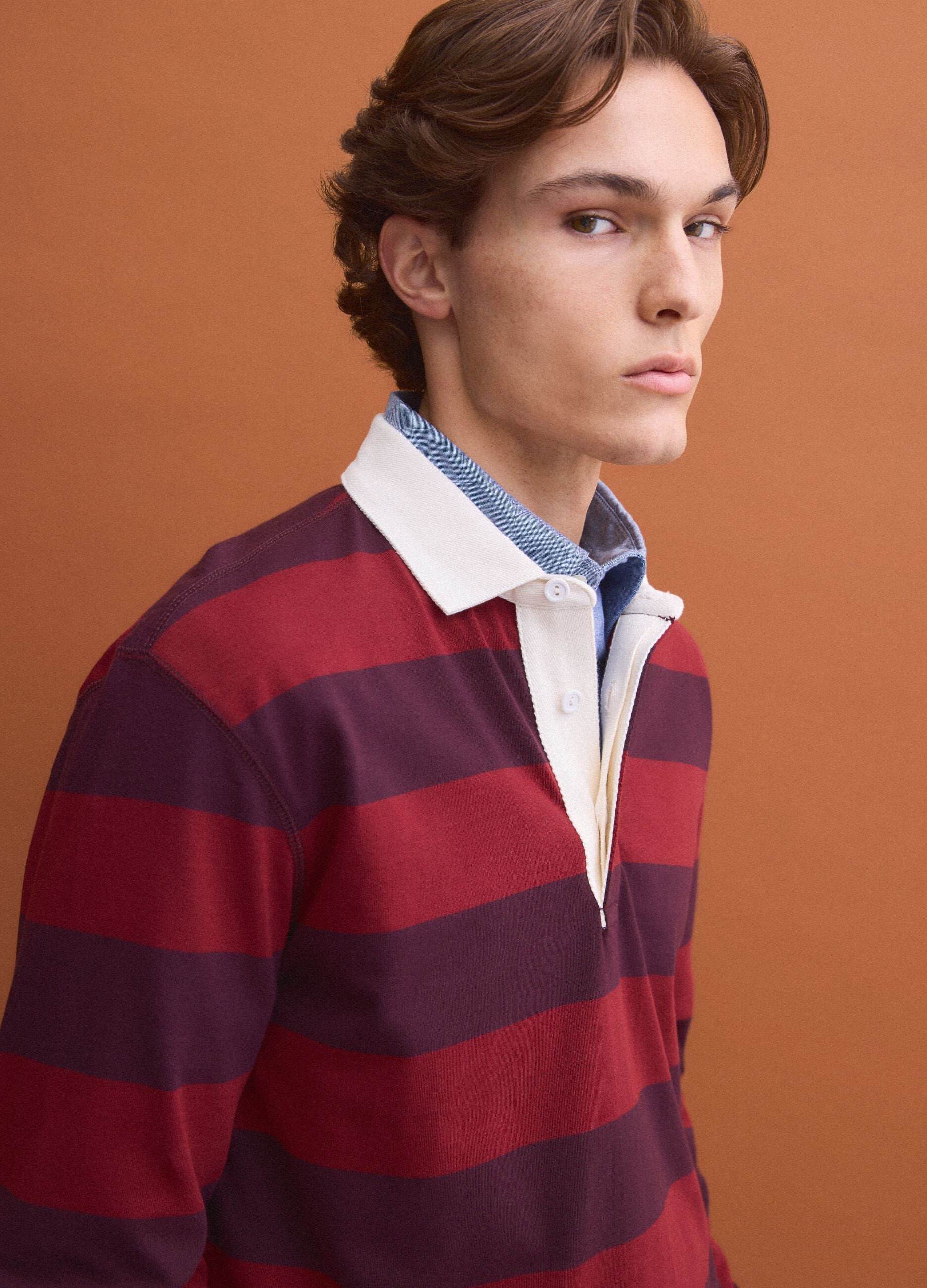 Red pure cotton striped long-sleeve rugby polo, regular fit