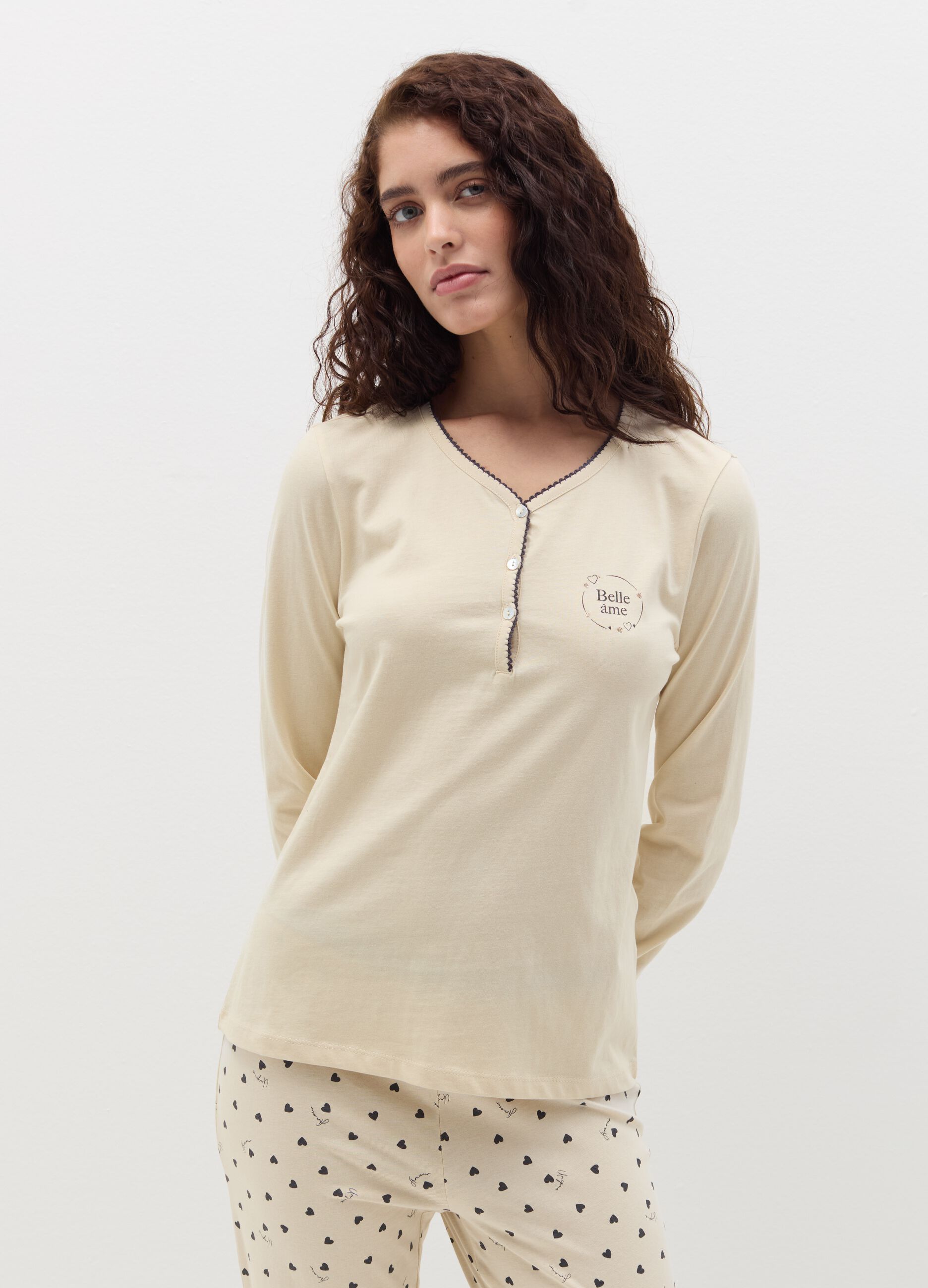Pyjama top with granddad neckline and "Belle Âme” print