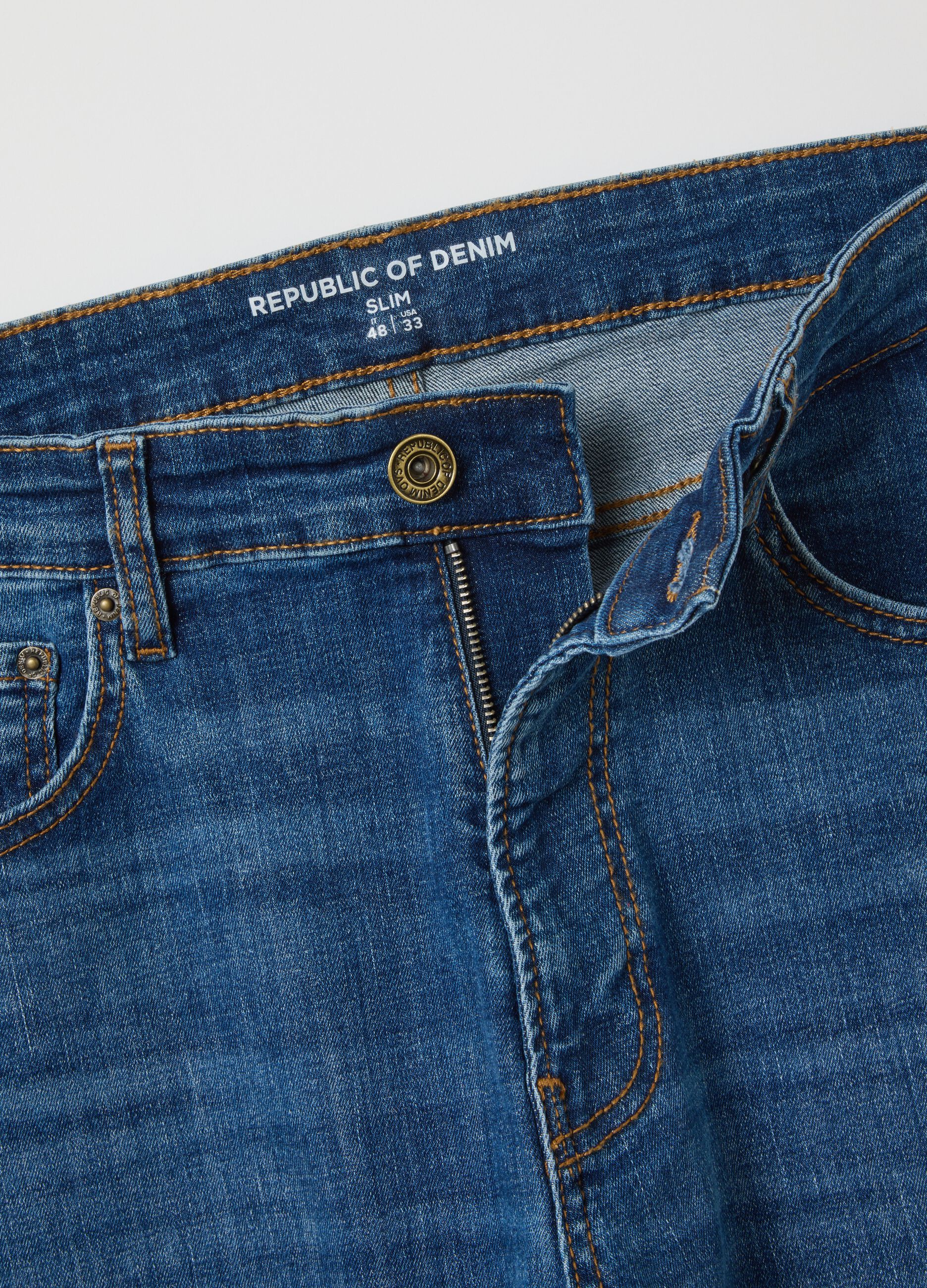 Blue denim stretch cotton slim fit jeans