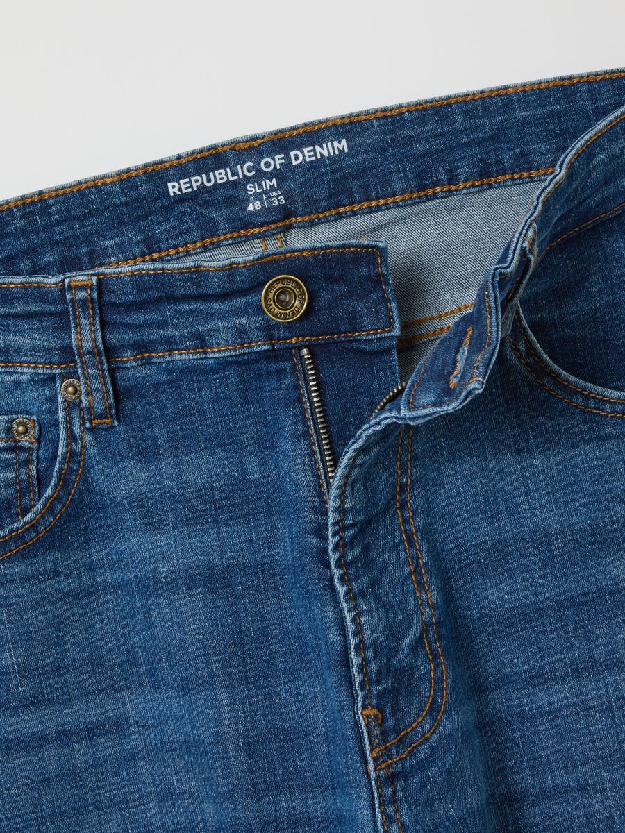Blue denim stretch cotton slim fit jeans_1